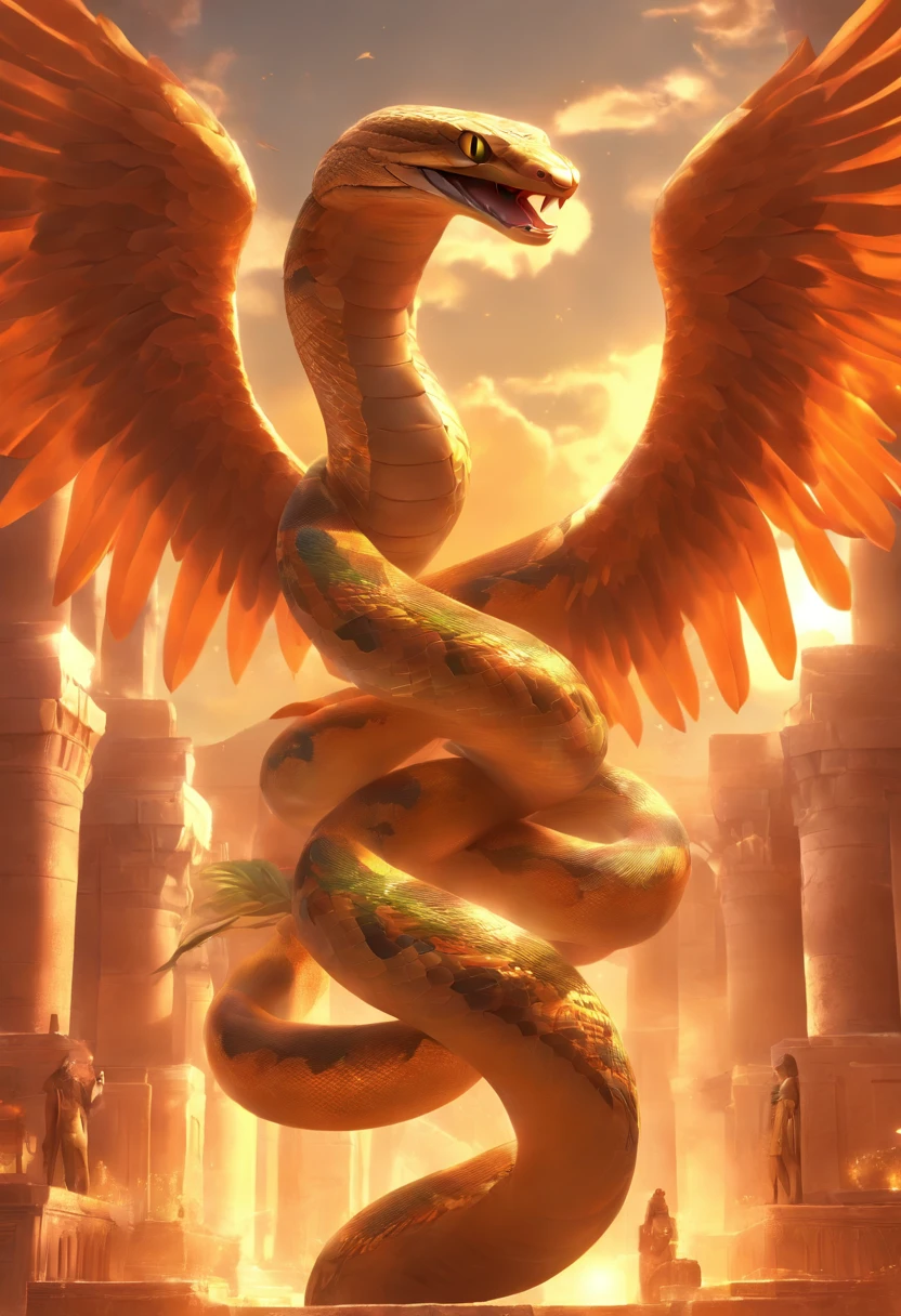 (((Snake with wings))) best quality, very high resolution, 4K detailed CG, masterpiece, Egyptian mythology, Wadjet, snake with wings, sun in the background, Ancient Egypt, wings, feathers, Egyptian temple, desert, Ancient Egypt, ((Snake with wings)), Egyptian palace, aesthetics, beautiful image, centered on screen, standing pose