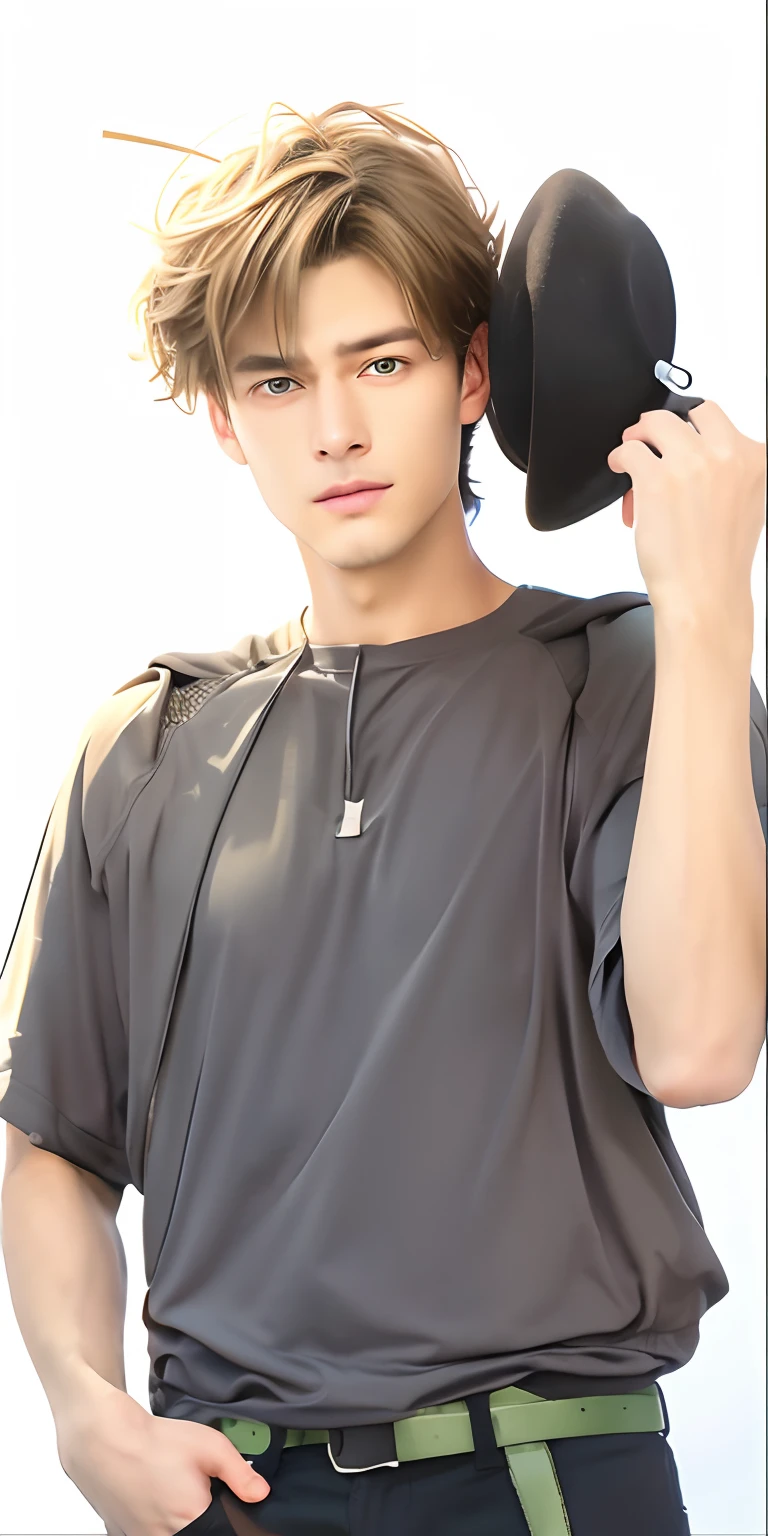 A man, greenish brown hair, holding a hat, gray clothes, realistic