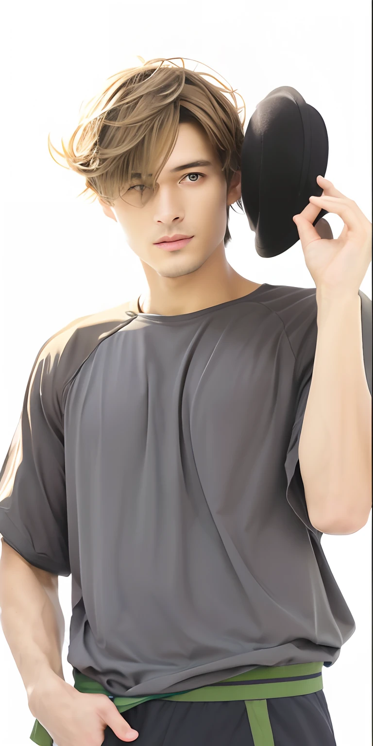 A man, greenish brown hair, holding a hat, gray clothes, realistic