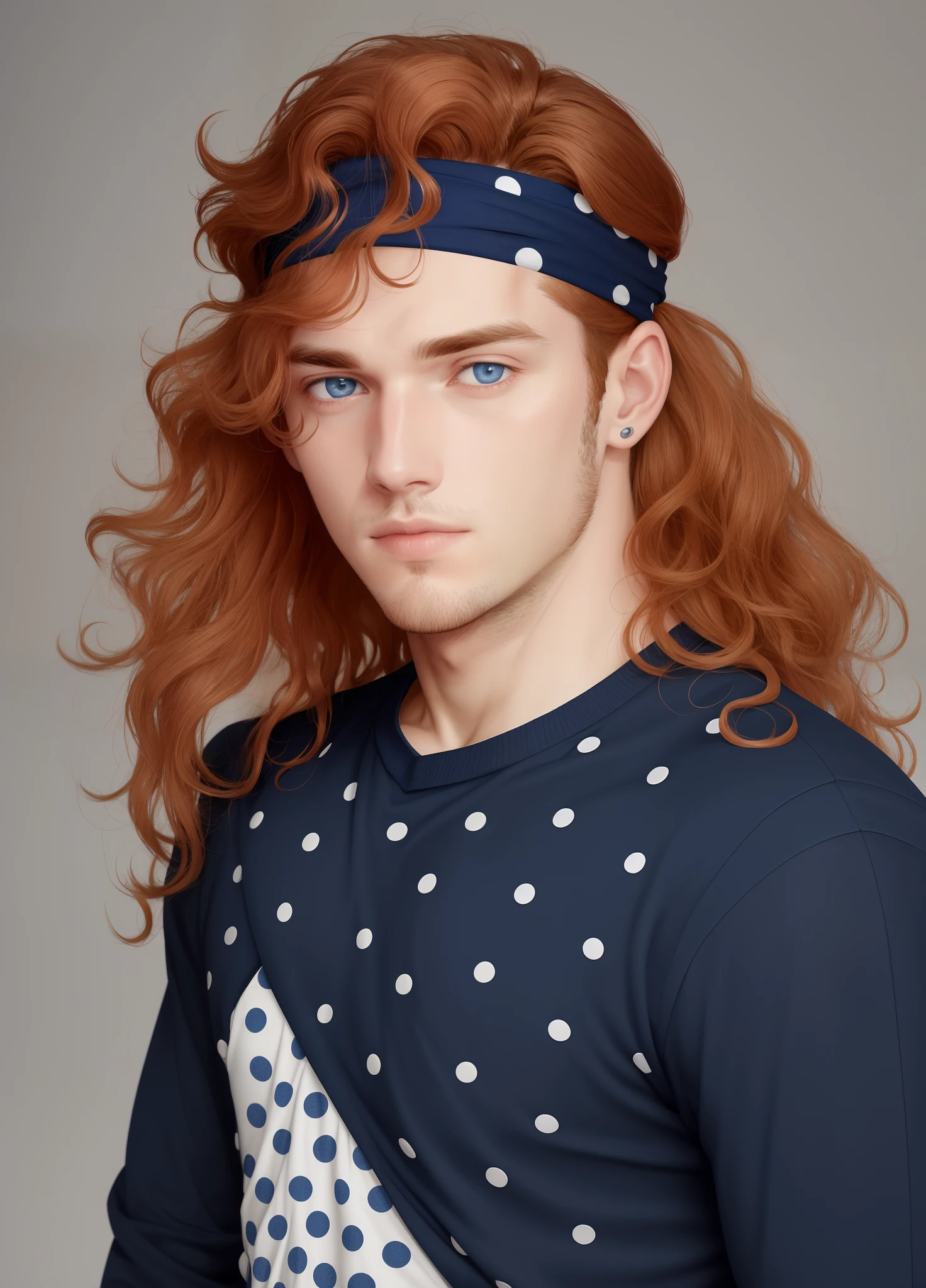 A young man with coppery hair, a thick mane of unruly waves that falls to just above his ears. Wearing a navy blue headband adorned with white polka dots. Has bangs over his left eye. His eyes are a vivid shade of blue.