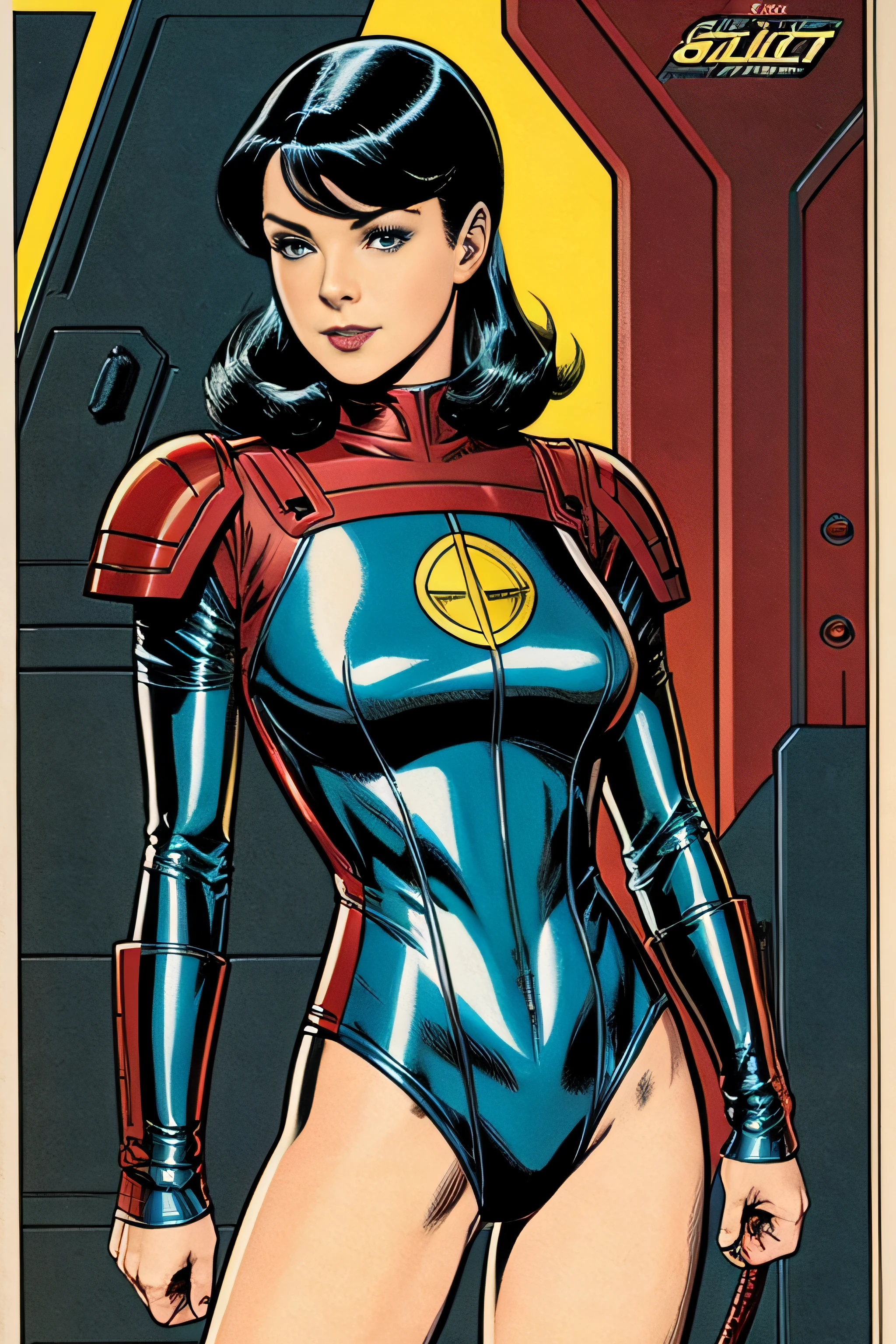 comic book art, vintage colors, style Terry Moore, woman Sci-fi soldier, black hair, blue eyes, Hi-tech shiny red armor, scifi cenario