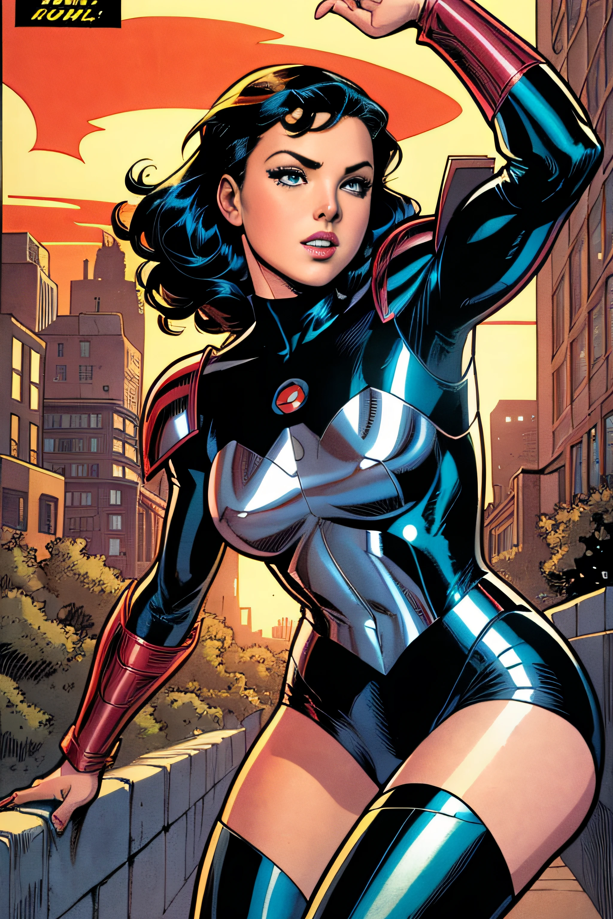 ((masterpiece)), ((best quality)), ((highres)), beautiful woman, splash art, 8K, solo, superhero, bare legs, (tight leotard: 1), hands on hip, city backdrop, knee boots, (perfect hands: 1), sparkling, light particles, short hair, brown hair, dark blue eyes