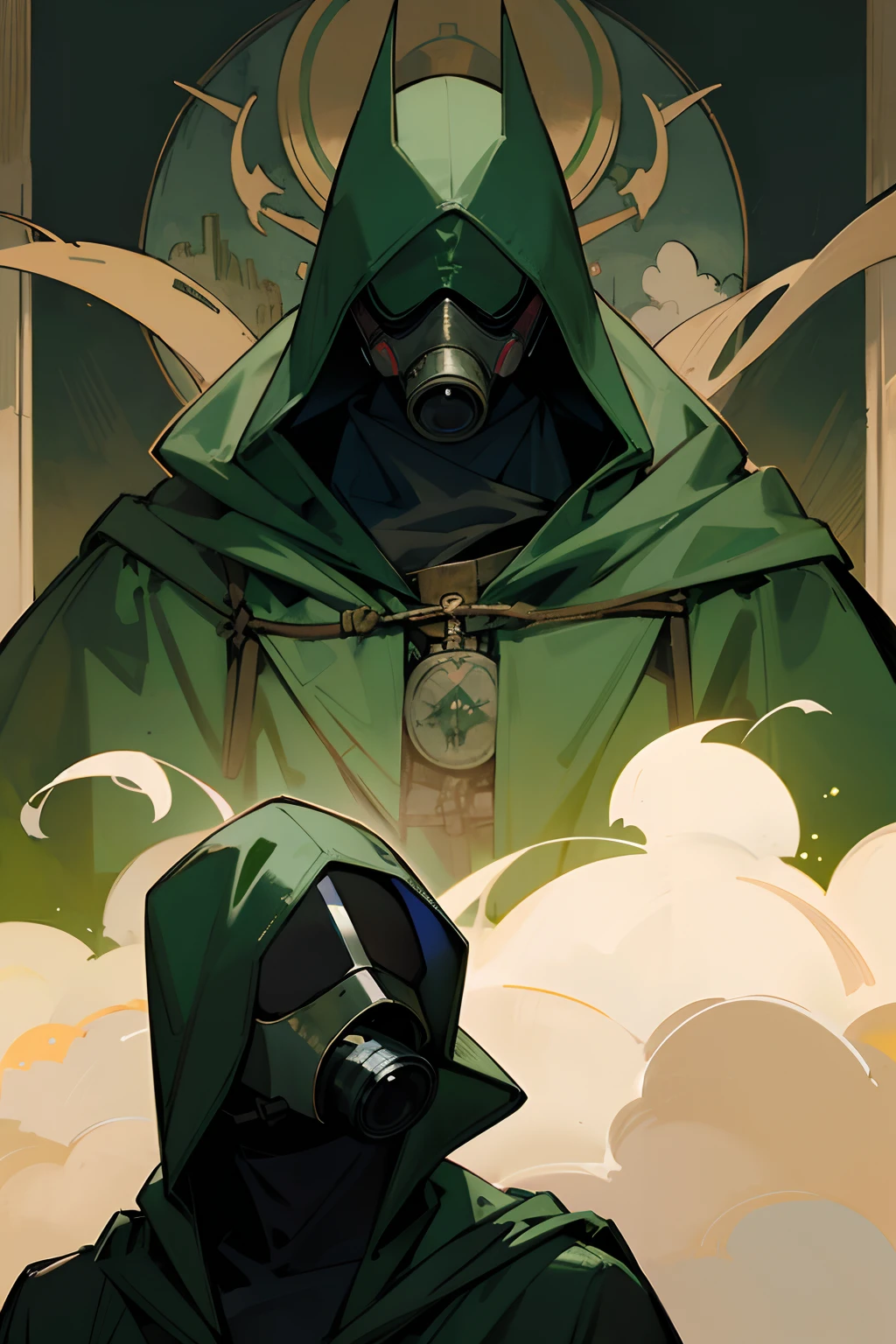 men with green hood mask, gas mask, medieval ambience, cloud forground