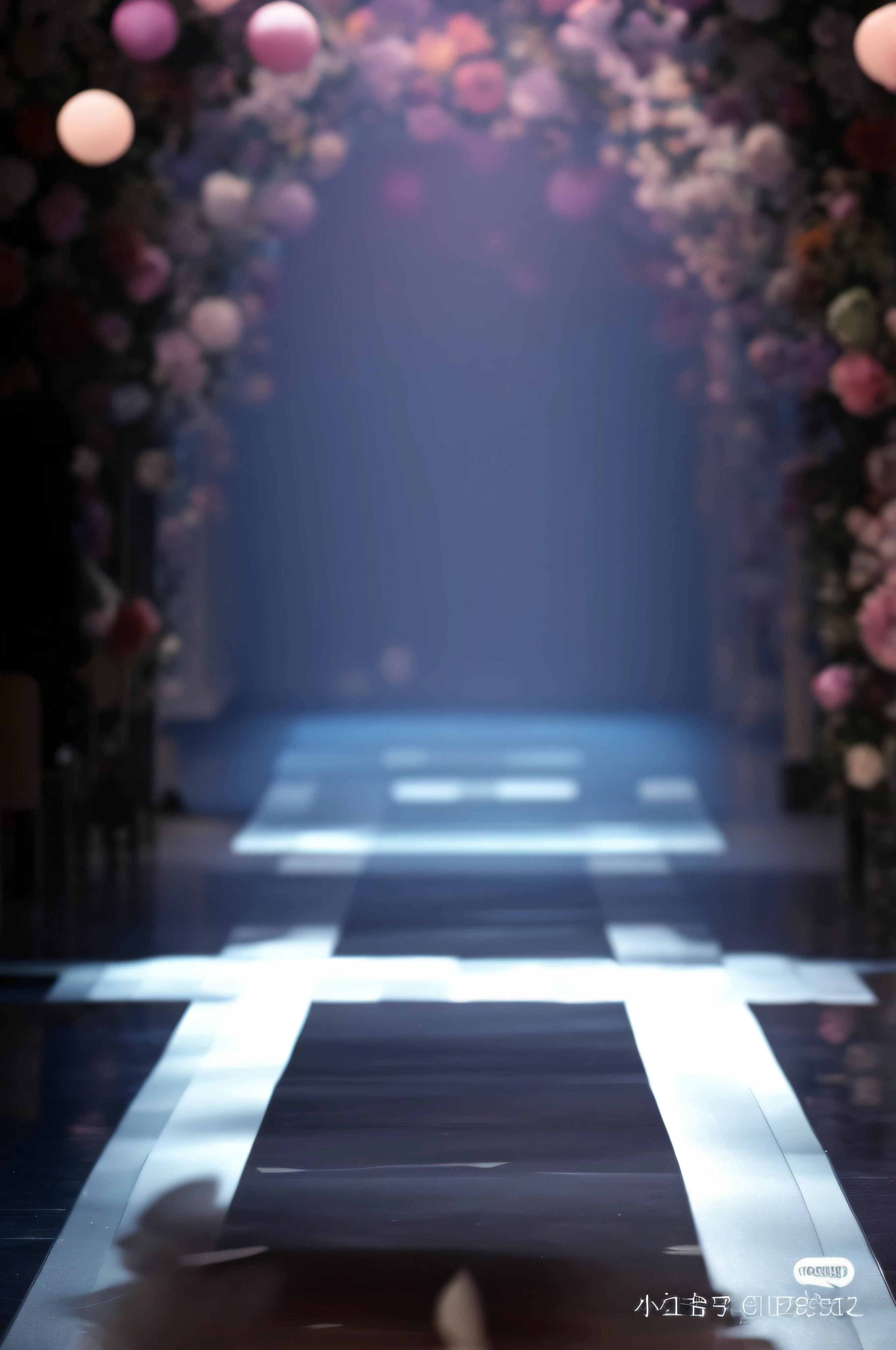 Close-up of the runway with lots of flowers, fashion show runway, fashion runway, running track, walking down the catwalk, runway photo, catwalk photo, Catwalk, catwalks, Dramatic dream lighting, On the runway, infinite corridor, The volumetric lighting is beautiful, dramatic lighting hyper detail, volumetric lighting and fog, Global illumination. vfx, Futuristic dramatic lighting