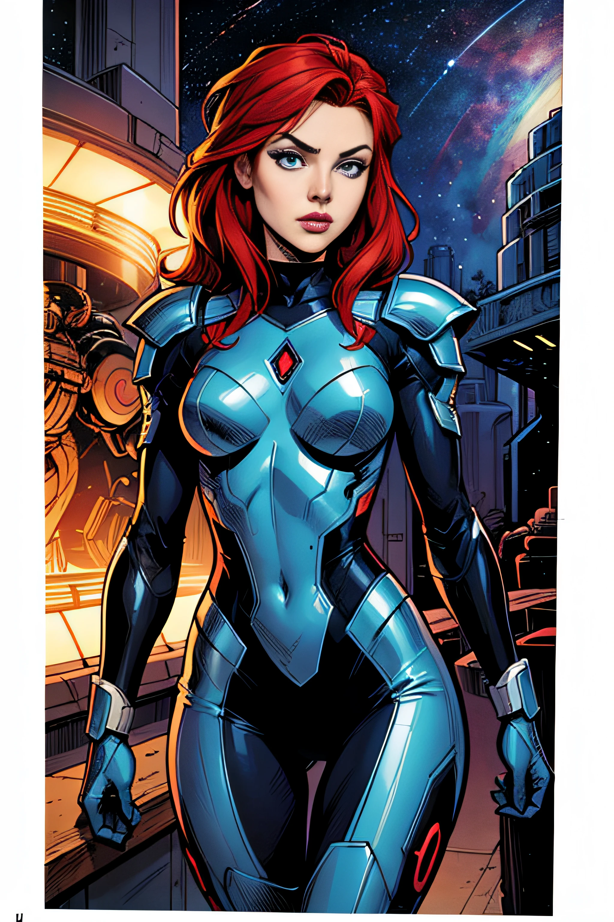 Bo Katan from Star Wars, short straight ginger hair, naked, partially nude, Mandalorian Armor, small perky breasts, Sexy pose, sitting against the window with legs spread, pubic hair, clitoris, labia lips, smile, space ship cockpit