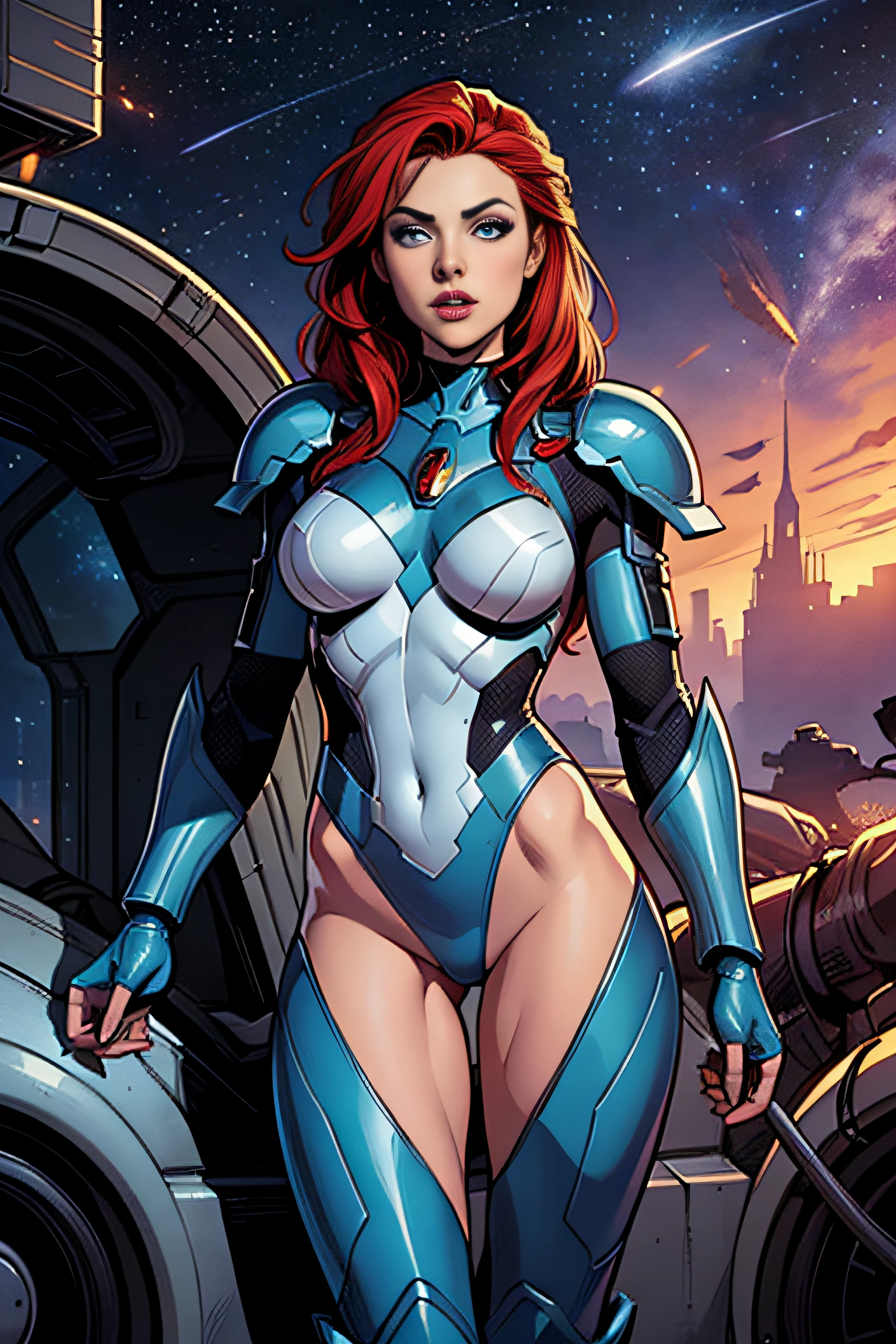comic book art, vivid colors, style Terry Moore, woman galactic, red hair, blue eyes, red Hi-tech armor, scifi cenario