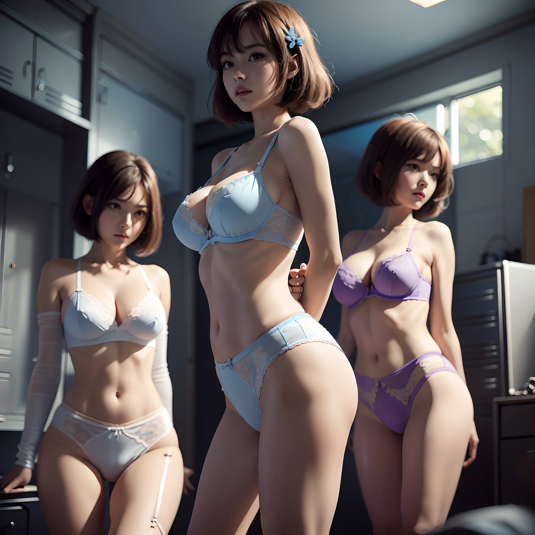 (((((incredibly ridiculous)))), ((absurd)), anime style, Japanese female, Three Female Teachers, ((Female Teacher in Lingerie), (female teacher without skirt), (female teacher without blouse), bra, panties, (large buttocks:1.2), bob cut, slender figure, purple underwear, purple bra, light blue bra, light blue underwear, red / white underwear, blue / white underwear, natural lighting, in the locker room,  anime painting --auto --s2