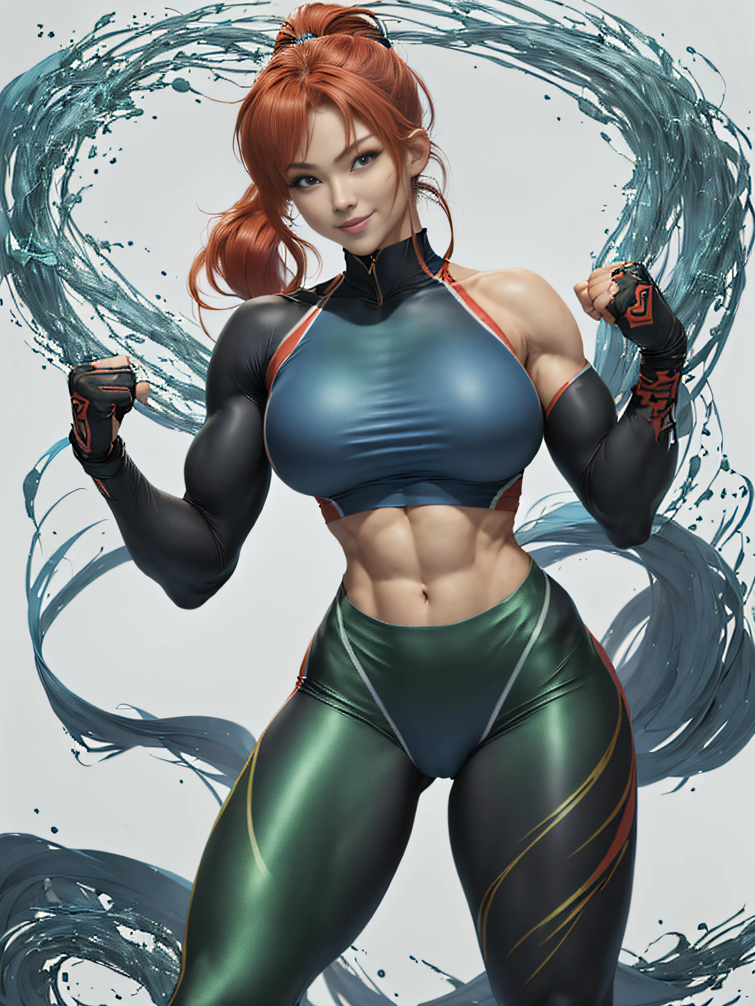resplendent smile、Female Fitness Model、Huge chest on the verge of bursting、thin and long legs、abdominals、musculature、Metallic green workout wear、Half Japan and half American.、25-years old、Height 175cm、sportuniversal、blue eyes、Red hair、Pony tail、glistning skin、blue eyes、Pose ready to fight、full-body view