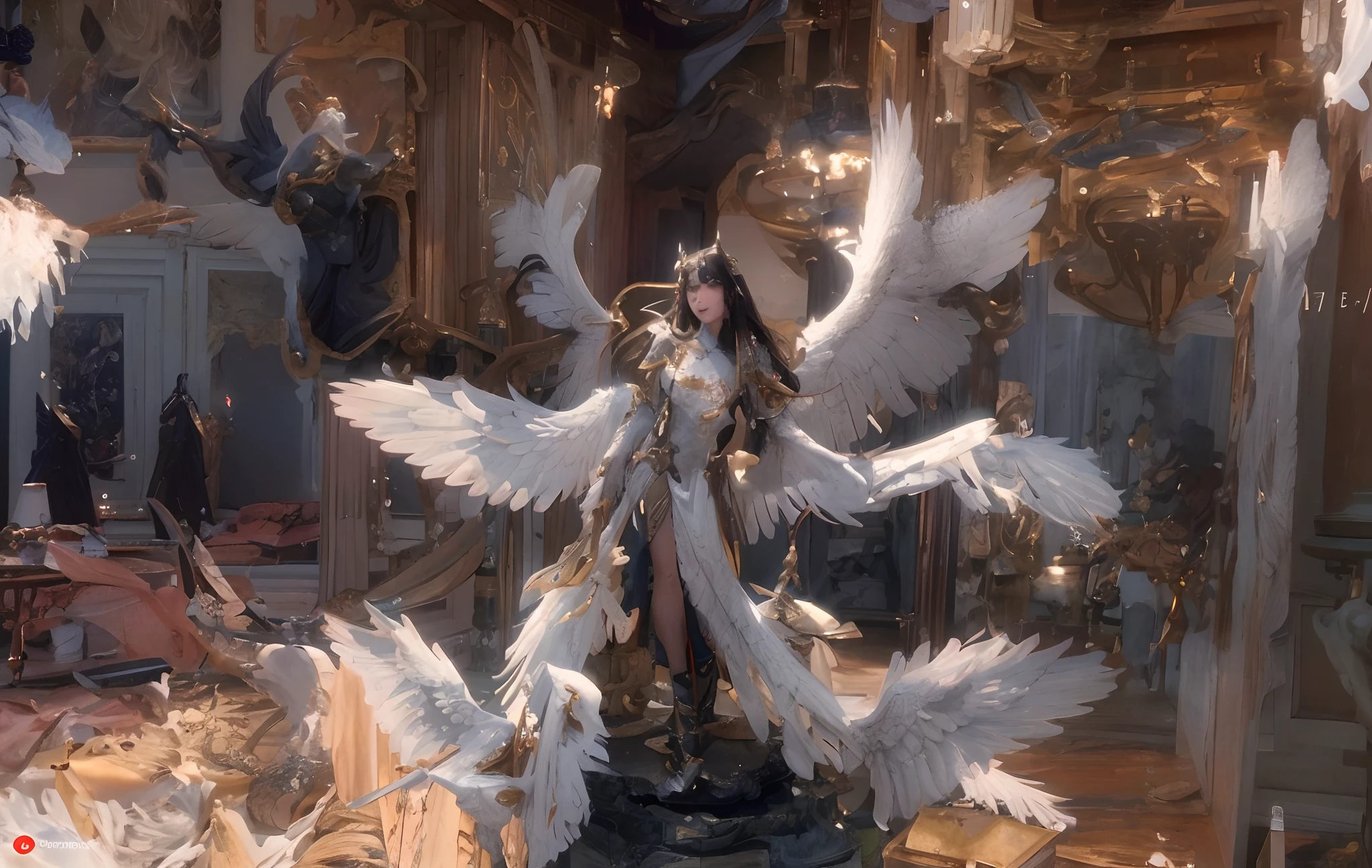 In the room there is a statue of a woman with wings, by Yang J, chengwei pan on artstation, angel knight girl, cgsociety and fenghua zhong, angel in plastic armor, 2. 5 D CGI anime fantasy artwork, author:Zhou Chen, ross tran and wlop, author:Jeremy Chang, intricate wlop, beautiful cyborg angel girl