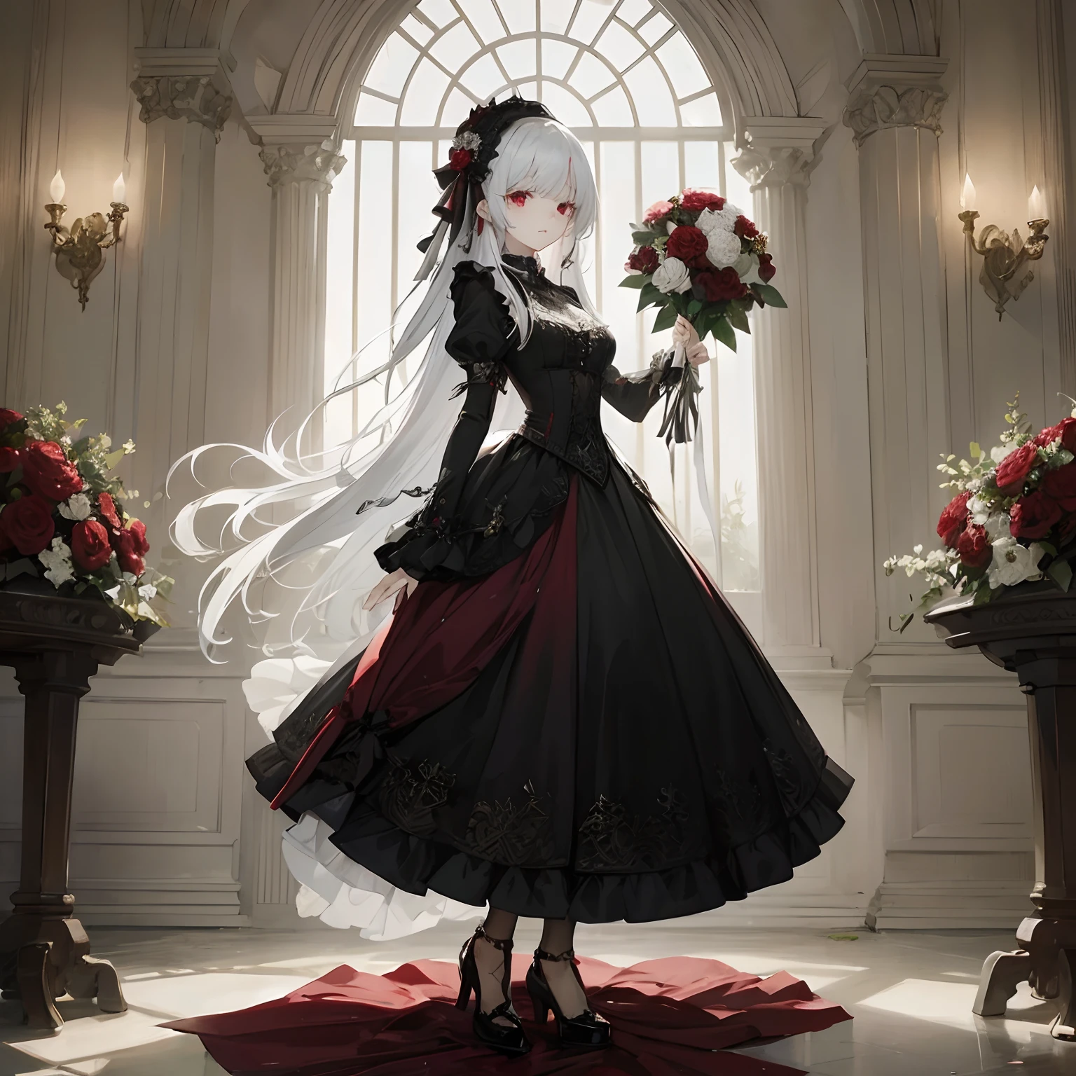 Full body、Red Gothic Dress、Long、white hair、Only two arms、Only two legs、girl with、1人、Only 5 fingers、Red eyes