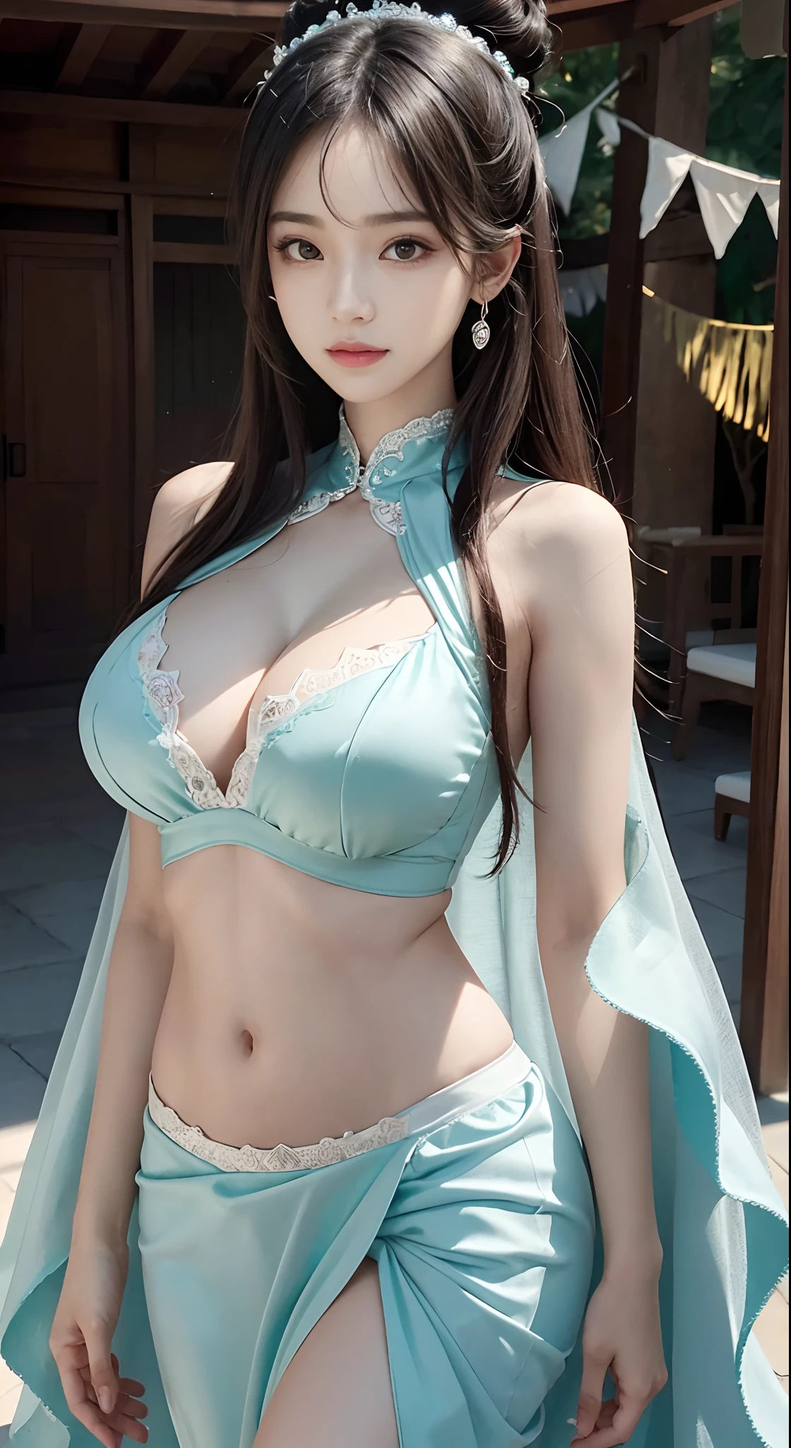 fully body photo,Beautuful Women,Delicate jade paws,dishevled hair,s girl,symmetrical bun,hair adornments,Jewelry,The face is delicate,eyeshadows,Delicate cyan top,cropped shoulders,Crop topping,showing belly,Dunhuang style,lots of streamers,Fine fine skin,Soft light effect,delicate and smooth hair,exquisite detailing,highlight in eyes,Fair skin,fine portrayal,Ultimate Detail,cinematic quality,being thin,slenderness,fragmentation,hair detail,thin bangs,shawl hair,Correct body,Shadowing,Air bangs,8K,Super Meticulous,Fine fabric texture,softness,oblige,Smooth texture,Dunhuang style,Delicate pattern,correct hand painting,Smile, Tsurime, surrealism, Ray tracing, hyper HD, high details, Super Detail, hight resolution, 8K, yes, High quality, high details, Textured skin, ccurate