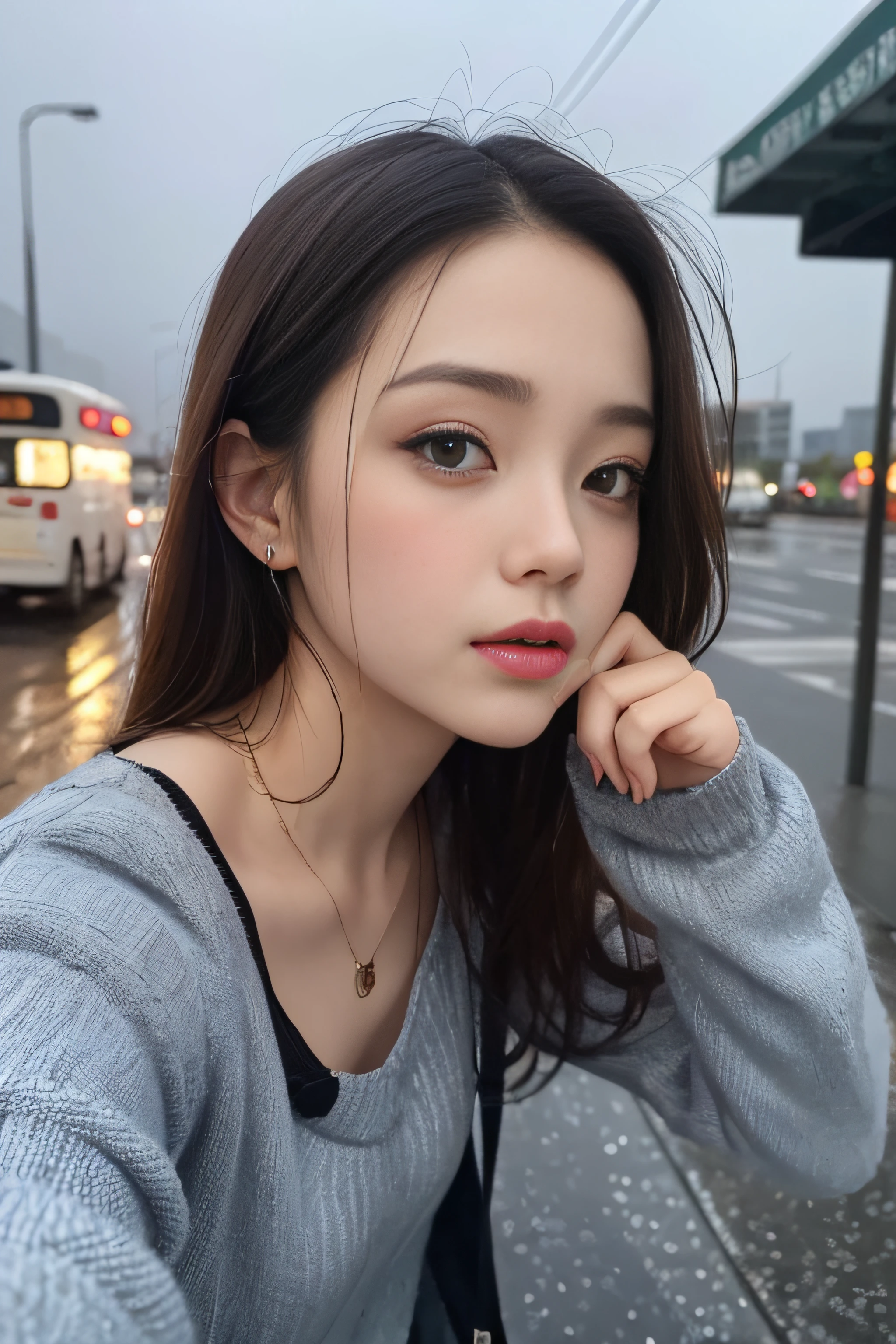 1womanl、(Super beautiful)、(beauitful face:1.5)、Rainy landscape on a June night、Everything oozes、Bus stop in the rainy city、How many did you see off?、Streets of the foggy city、I want to throw away the things that bind my heart and run