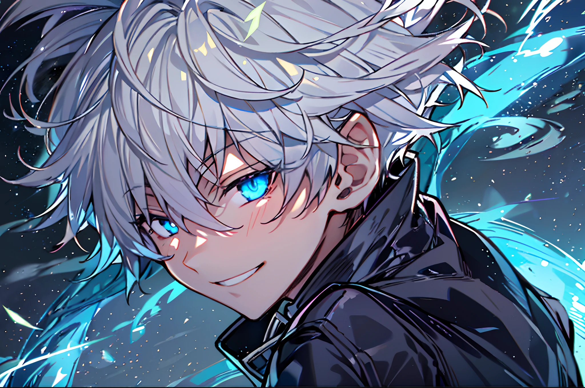 One Boy、hight resolution,close range、Anime boy with white hair and blue eyes, Glowing blue eyes,slim, dressed in a black outfit,Shadow Body,de pele branca,monochromes,hair messy,Aggressive smile、profile、from_side、Look away、Look away