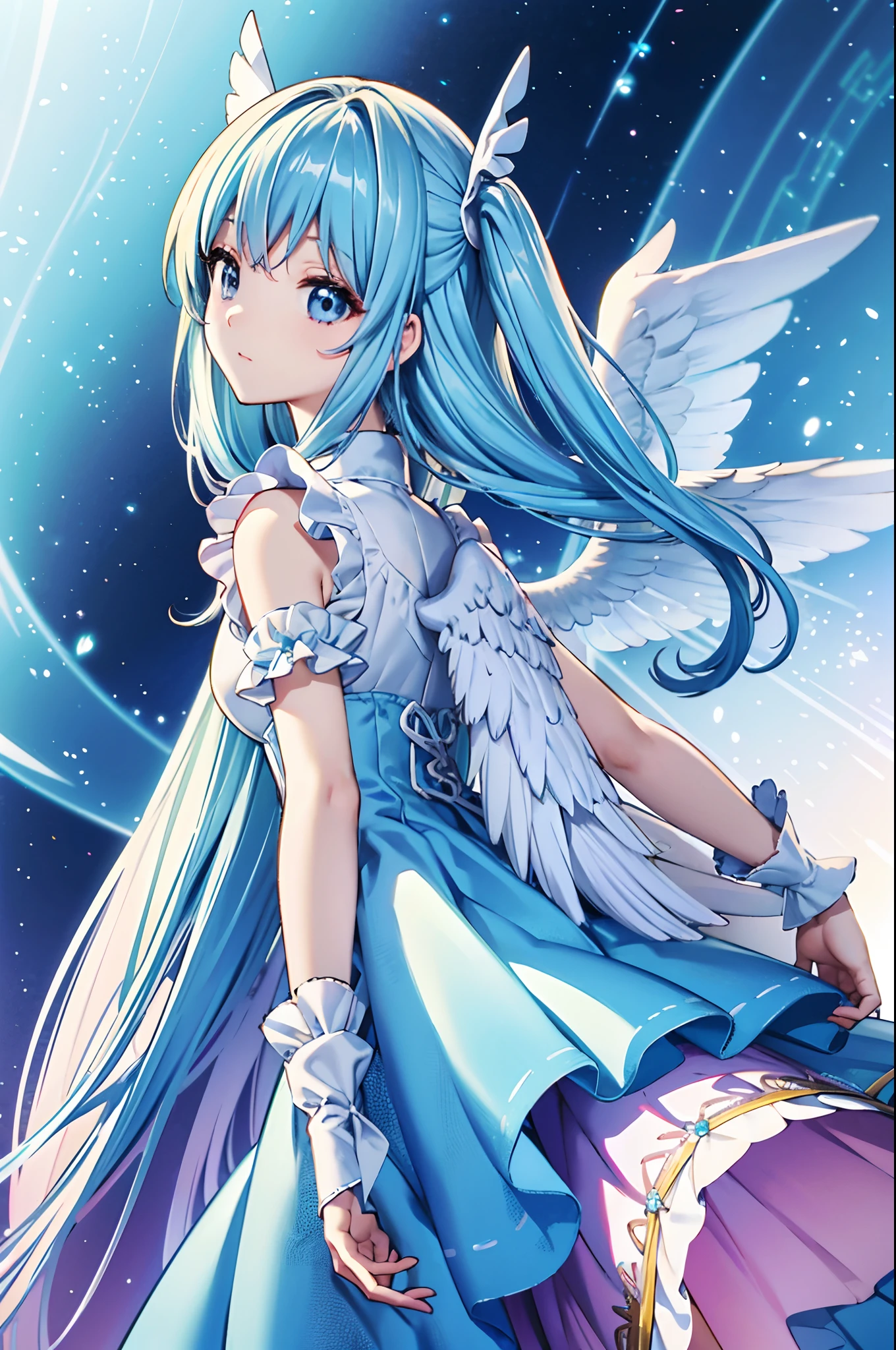 Rainbow Angel Wings、Kawaii Girl、Light blue long hair、Twin-tailed、Colorful angel costume、((top-quality))、((​masterpiece))、(ighly detailed、highestdetailed、Official art、Beautifully Aesthetic:1.2)