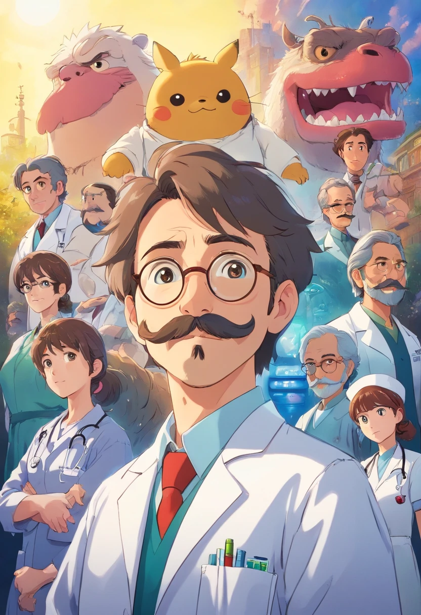 Pixar Movie Poster, hombre, doctor, gordito, alegre, con barba y bigote cortos, peinado moderno, entorno hospital