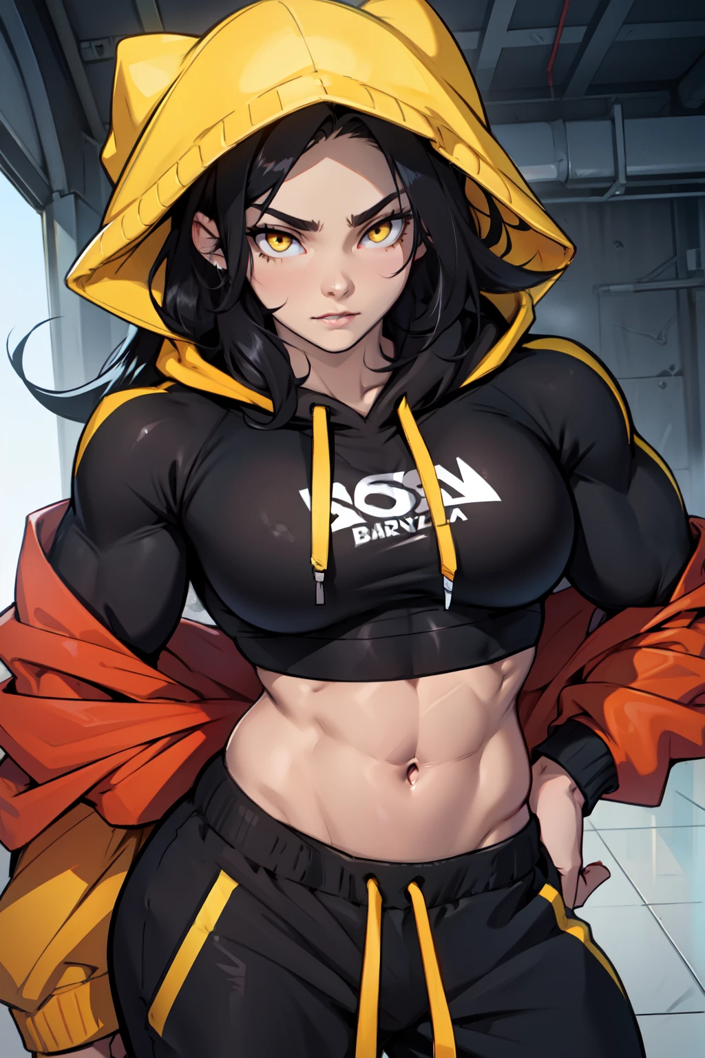 ((1girl bodybuilder)) pale skin black hair very long hair yellow eyes large breasts long hoodie sweatpants midriff close up