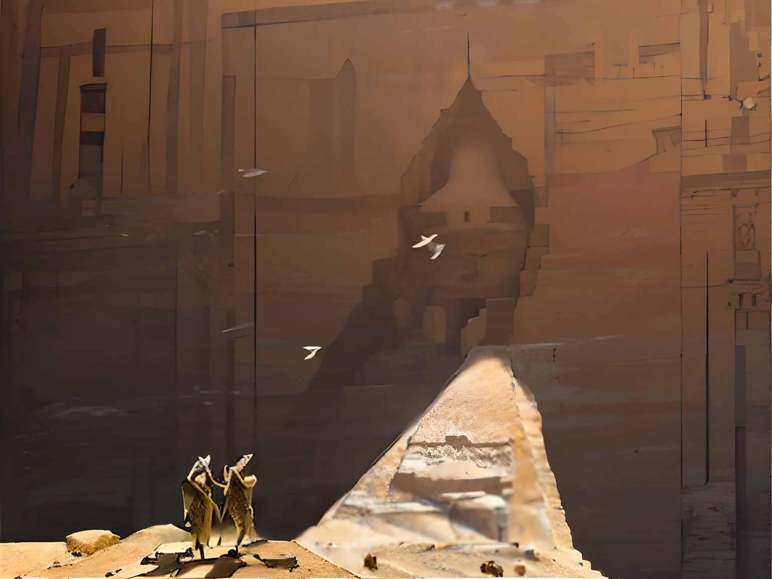 there is a man sitting on a wall in front of a building, in front of a carved screen, in a major mesopotamian city, in egypt, at an ancient city, on a large marble wall, wonderful masterpiece, posing in front of bombed city, by Joseph Pisani, in giza, by Rafail Levitsky, very artistic