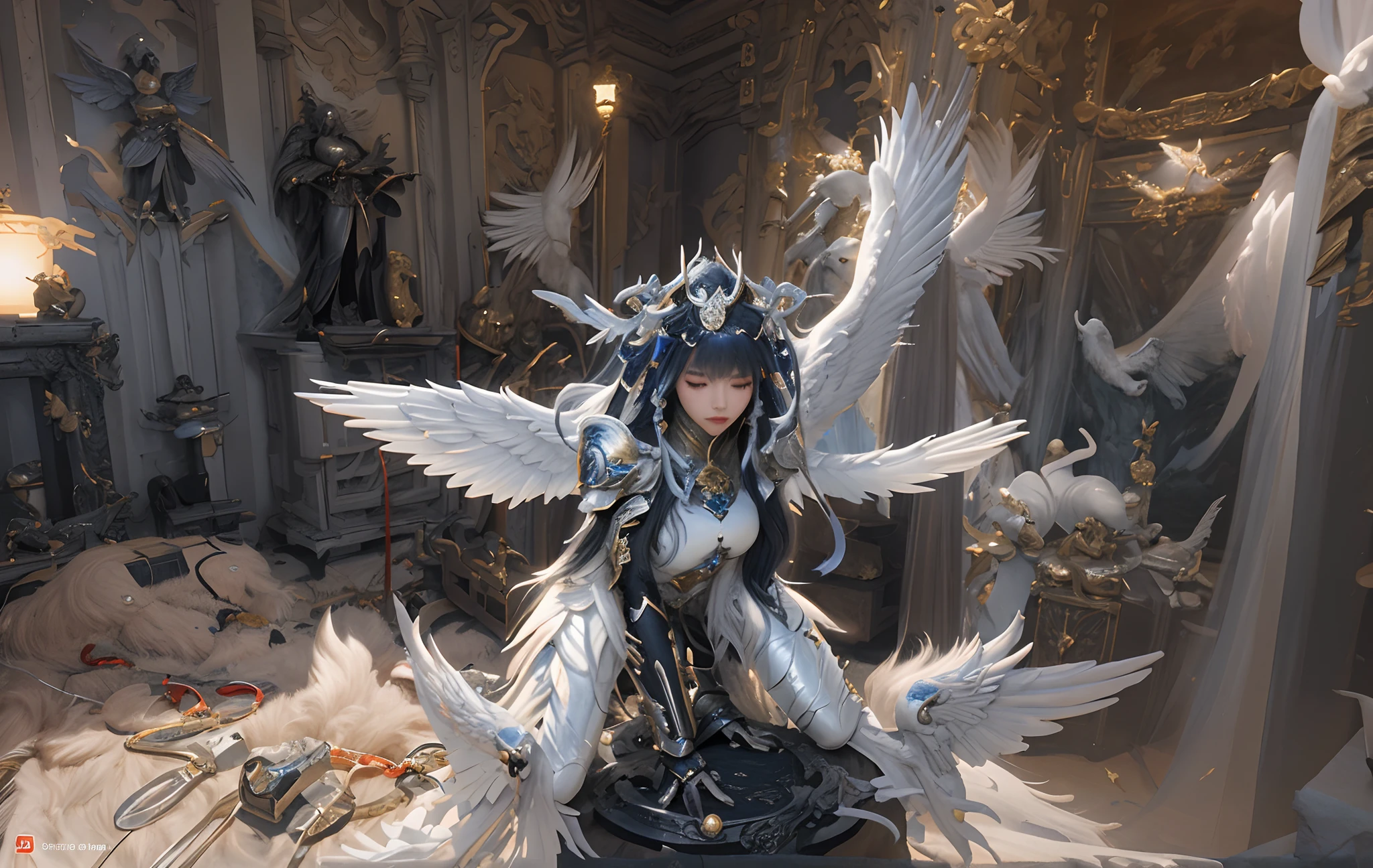 In the room there is a statue of a woman with wings, by Yang J, chengwei pan on artstation, angel knight girl, cgsociety and fenghua zhong, angel in plastic armor, 2. 5 D CGI anime fantasy artwork, author:Zhou Chen, ross tran and wlop, author:Jeremy Chang, intricate wlop, beautiful cyborg angel girl