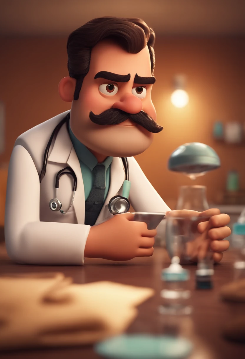 Pixar Movie Poster, hombre, doctor, gordito, alegre, con barba y bigote cortos, peinado moderno, entorno hospital