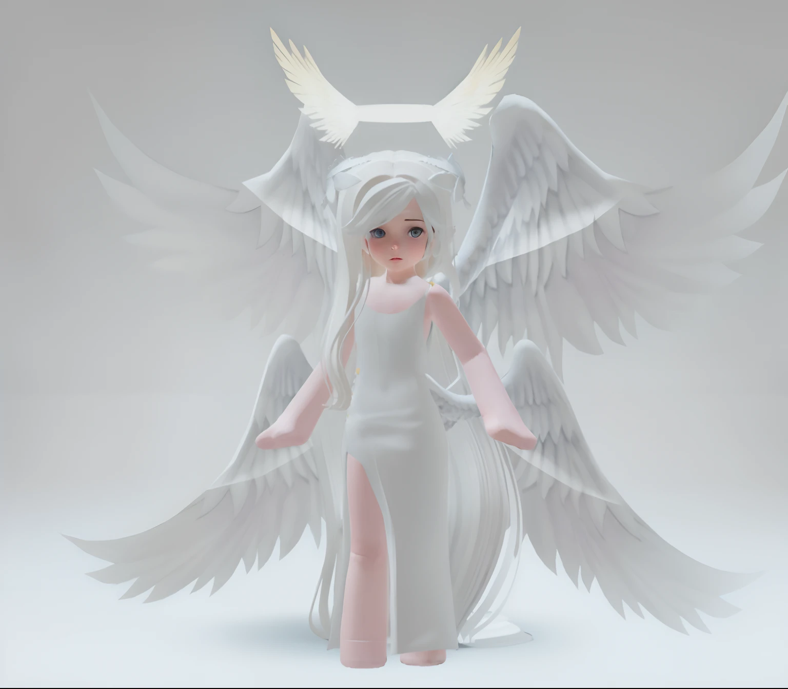 Deusa anjo divino em um longo vestido branco com um cabelo branco gigante