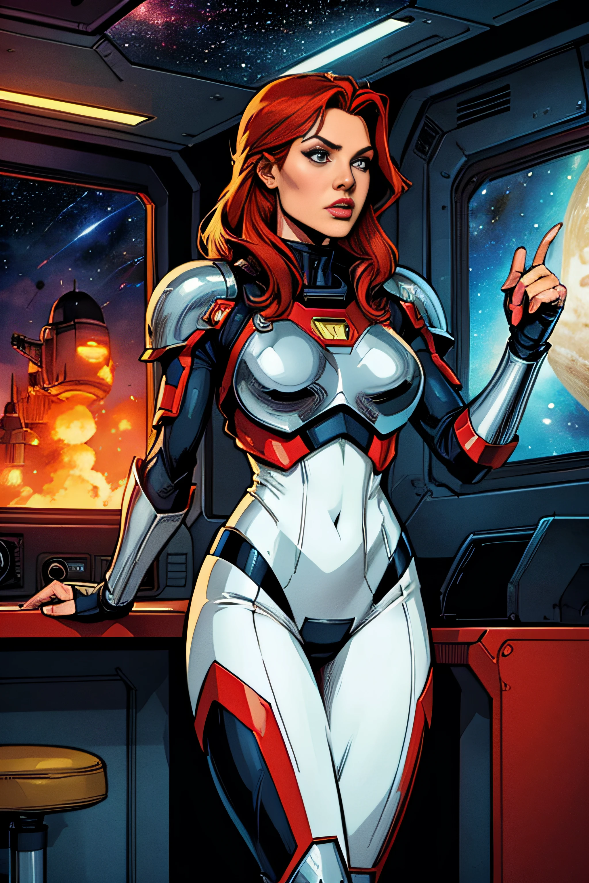 comic book art, vintage colors, female imperial trooperr, red hair, Hi-tech armor, sci-fi space ship cenario