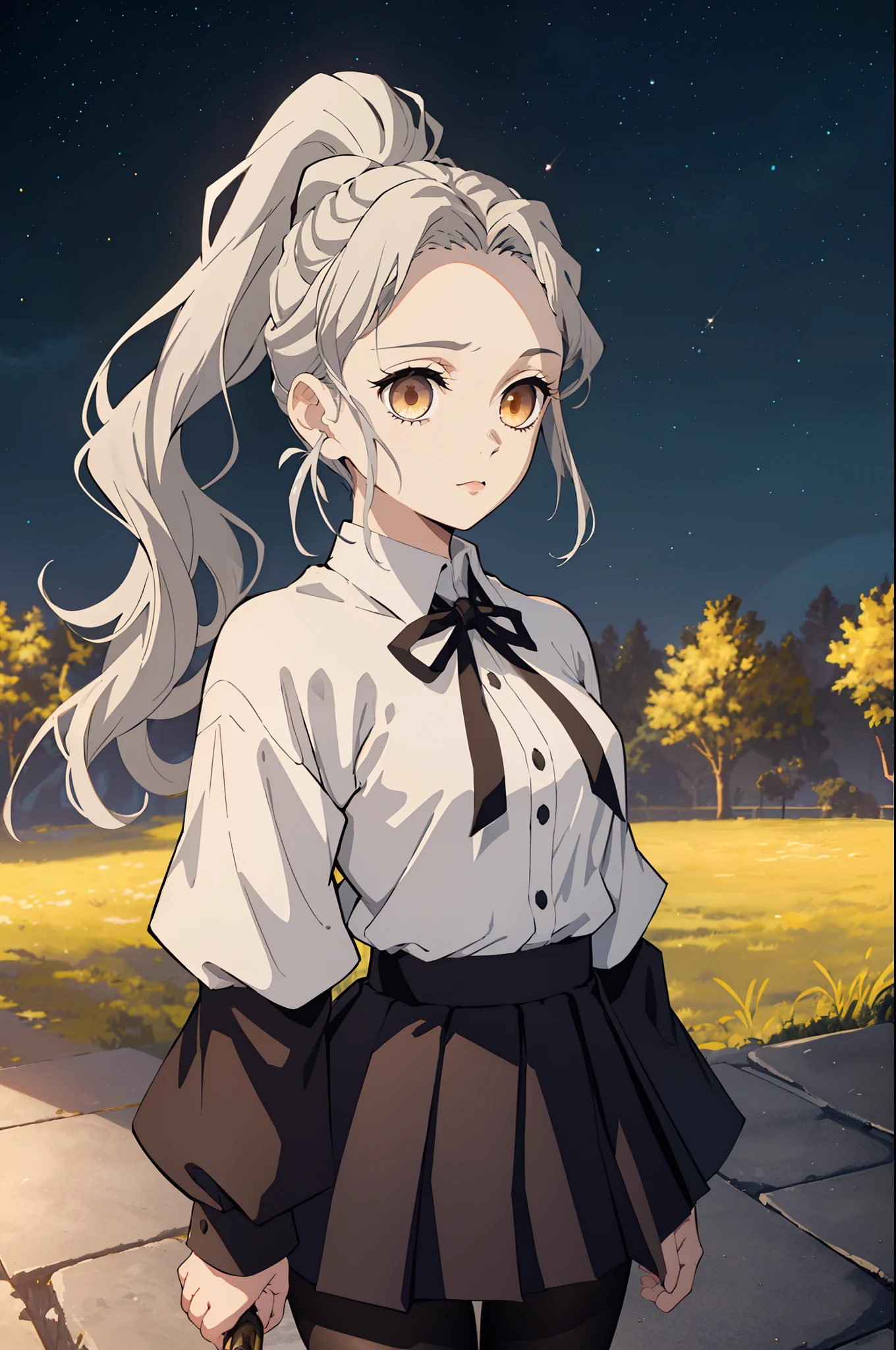 1girl, solo, light gray hair, ponytail, medium hair, forehead, messy hair, big hair, golden eyes, bags under eyes, eyes highlights, serious, neutral, small breasts, petite, black clothes, ((demon slayer uniform)), black button shirt, black skirt, (short skirt), pantyhose, (arms behind back), straight-up shot, ((close-up)), upper body, looking at viewer, standing, starry sky, night, scenery, outdoors, field, nature, beautiful, ultra quality, constellations, masterpiece, best quality, 8k,