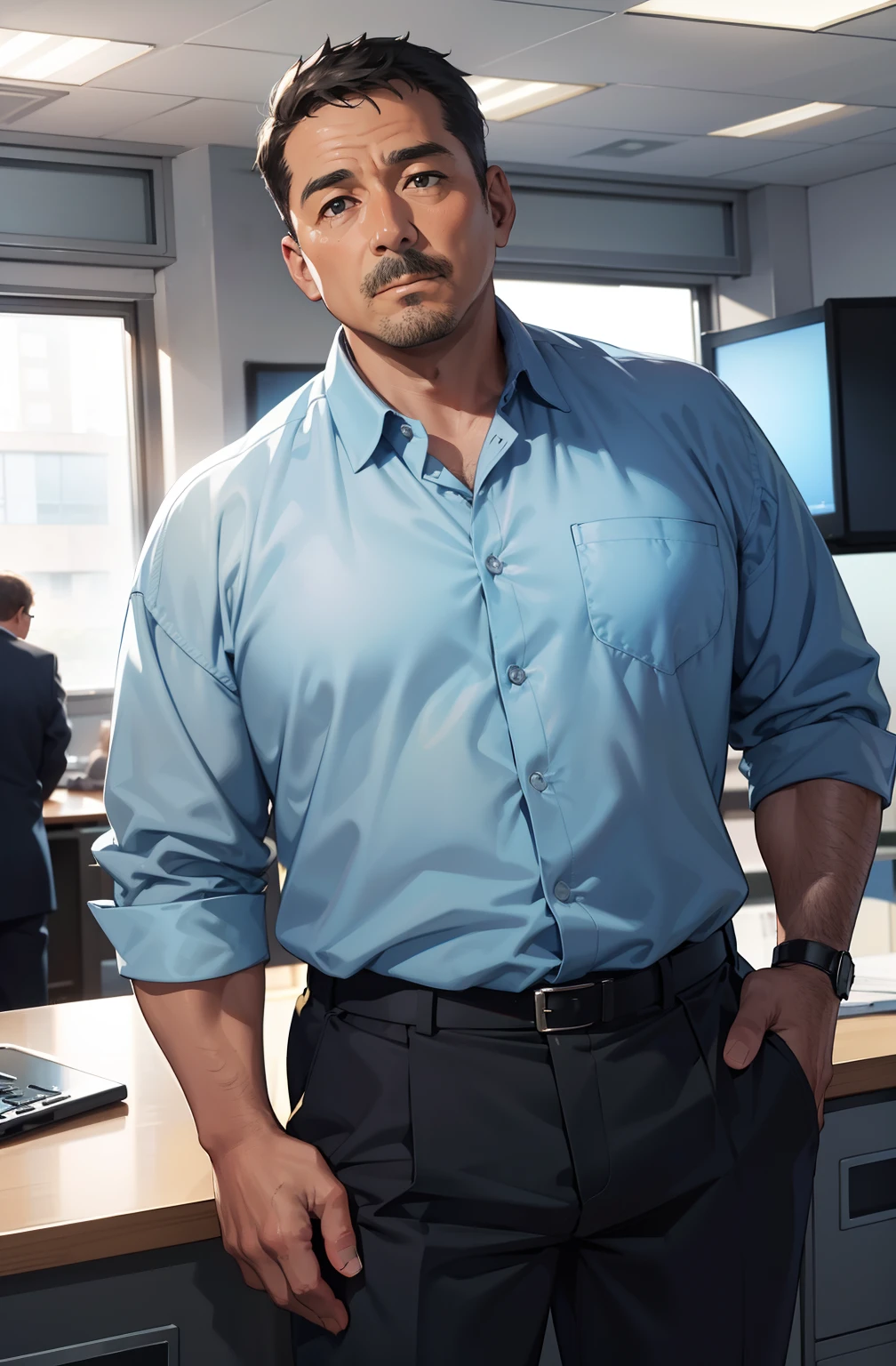 High quality, Masterpiece, A 50-year-old man,wearing a light blue shirt, Black suit pants, Moderate obesity,dregs, A look of lack of energy, Standing in the office of the police station, Close-up of the bust.