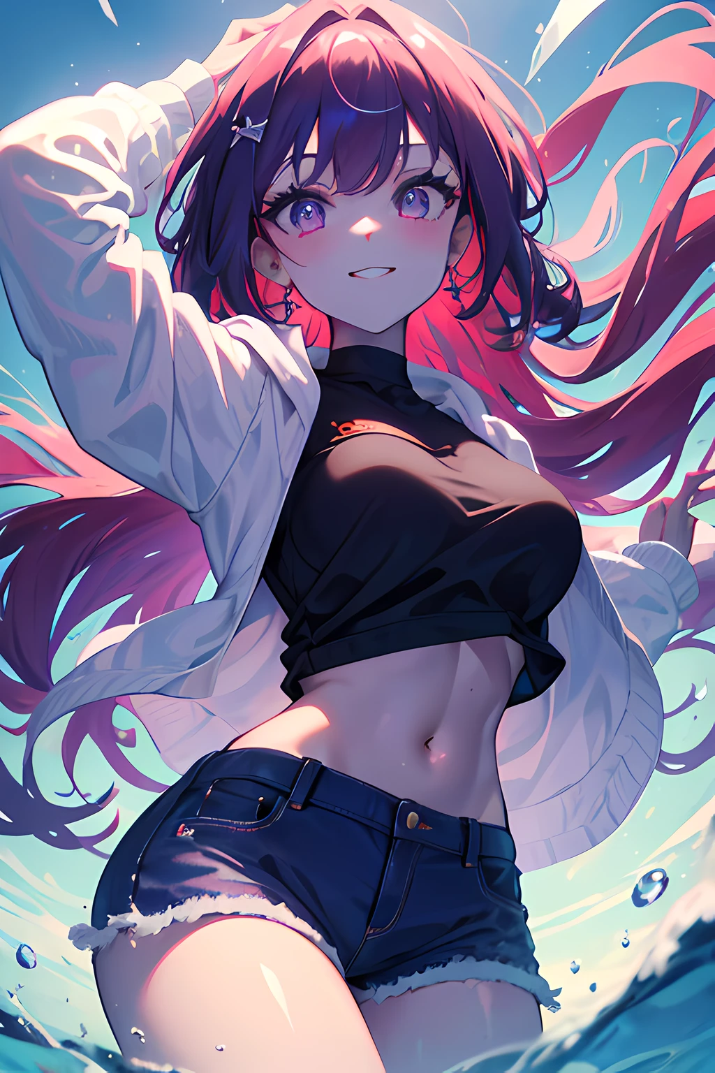 ((Hi res, HDR, HD, 4K, 8k)), a girl with a cute smile, medium breasts, detailed purple eyes, very long red hair with purple inner hair, wears a hoodie and crop top underneath, a pair of dark blue jeans, she wears make up a black eyeliner and purple eyeshadow, red lipstick, perfect arms, perfect hands, colored inner hair, sky background