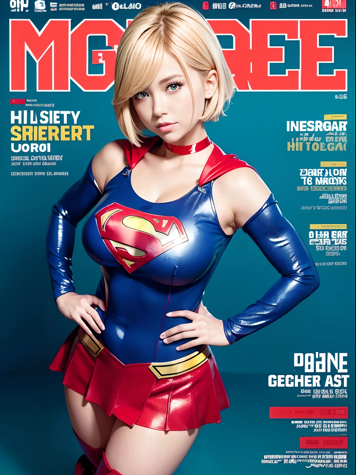 (Best Quality,4K,8K,hight resolution,masutepiece:1.2),Ultra-detailed,Realistic:1.37,masutepiece,Peace sign with hands on hips、Short-haired Supergirl、large full breasts、Looking at the camera、Glossy costume、a choker、Glossy red enamel boots、Red shortcloak、a miniskirt、Magazine covers