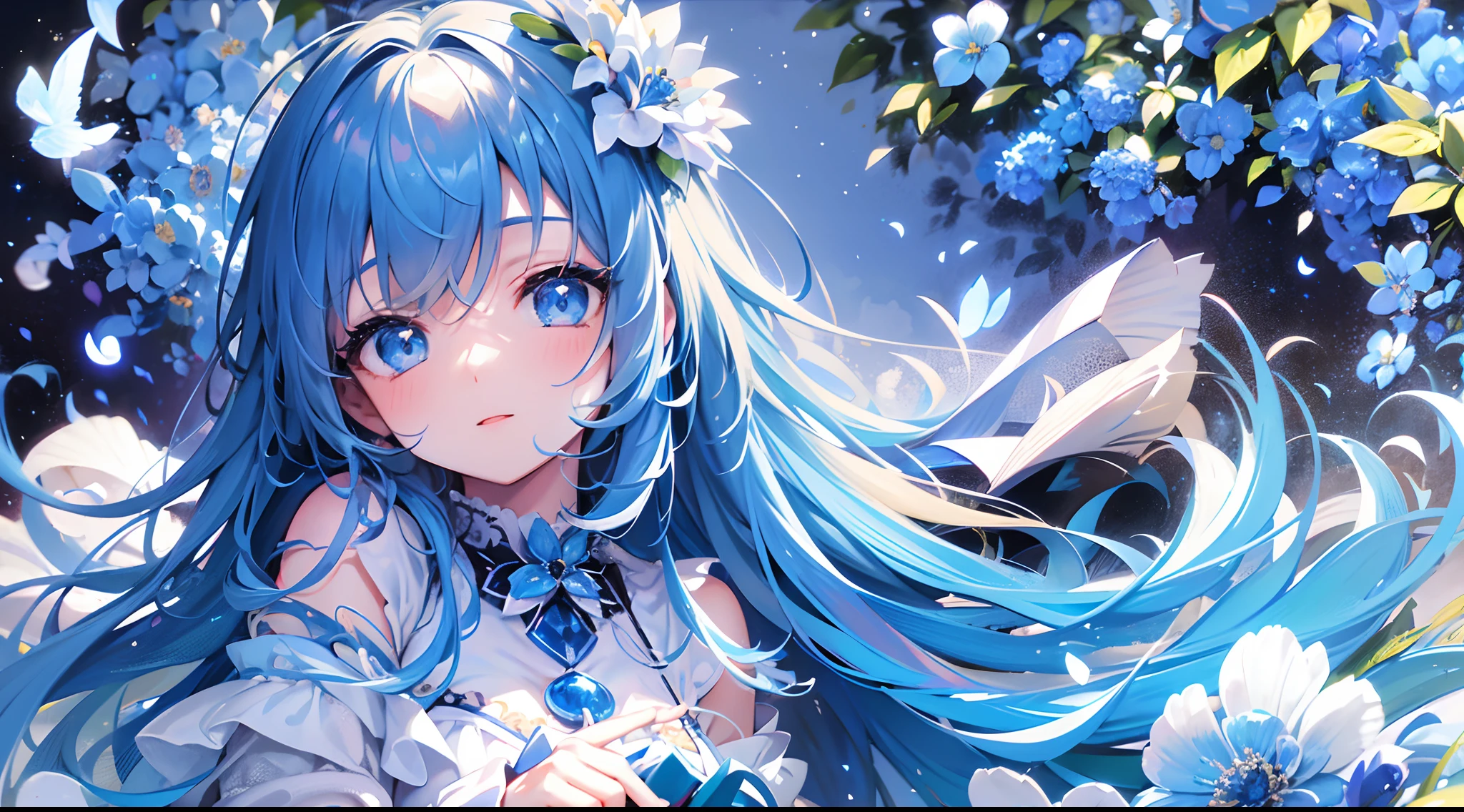 （hoang lap，A high resolution，hyper-detailing，UHD，cinematic ligh），独奏，1girll，mature，cheerfulness，Girl standing in a light blue flower field，Girl around light blue petals，full bodyesbian，Blue long-haired girl，lightblue hair，fanciful，dream magical，yuki，offcial art，pop-art，contours，Super detailed face，Ultra-detailed eyes，Light blue flower field，Ultra-detailed fields，White blue sky， Chilling， light blues， white colors， Nebula in the sky， Blue tree， aquarelle， pastel colour, Lie in a heap full of blue flowers, Blue dress,