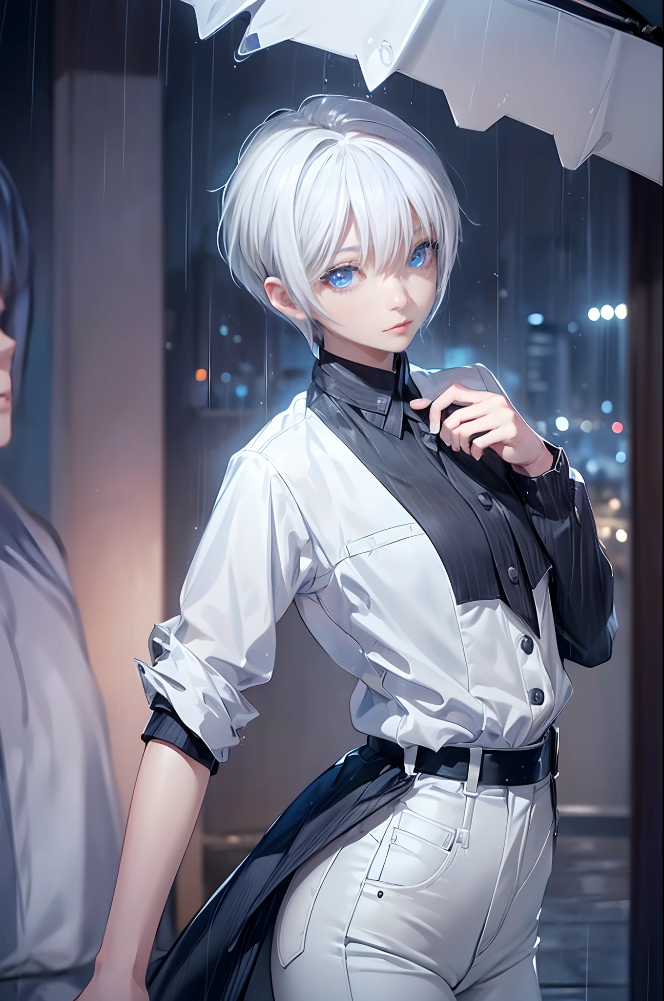 ((4K works))、​masterpiece、(top-quality)、1 beutiful girl、Slim body、tall、((Black Y-shirt and white pants、Charming street style))、Please wear one jacket、(Detailed beautiful eyes)、Morning City、((Rainy city))、Fashionable city with morning rain、((Face similar to Carly Rae Jepsen))、((Short-haired white hair))、((Smaller face))、((Neutral face))、((Bright blue eyes))、((American adult women))、((Adult female 26 years old))、((cool lady))、((Like a celebrity))、((Lonely look))、((Korean Makeup))、((elongated and sharp eyes))、((Happy dating))、((boyish))、((Upper body photography))、Professional Photos、((Shot alone))、((She's under the roof))、((Looking up at the sky))、((Shot diagonally from behind))、((She is facing upwards))、((Her eyes are looking upwards))、((Increase the angle of the face))