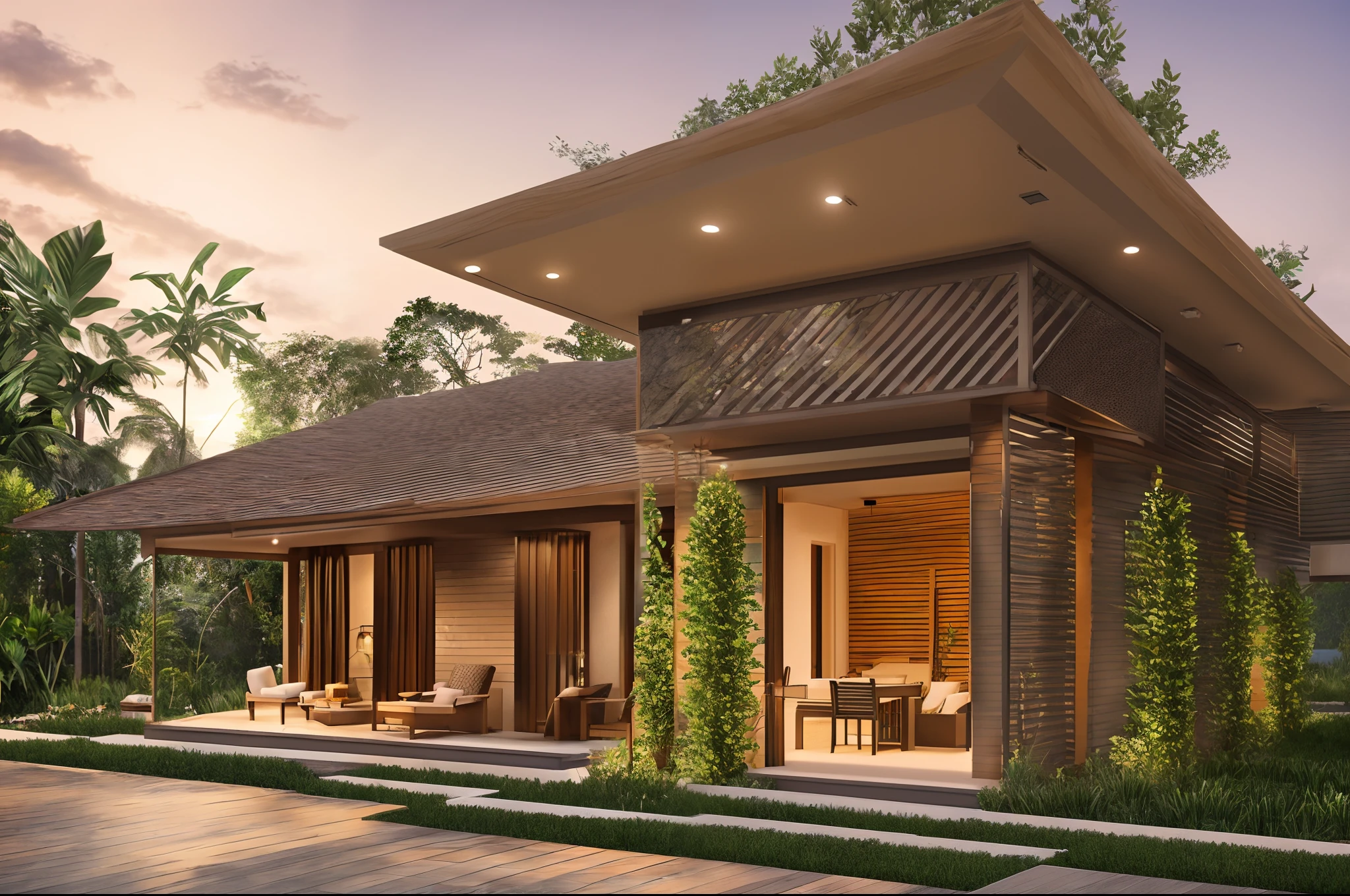 an exterior small bulding design for praying, open to outdoor, 50 m2 area, located in indonesia, have tropical landscape & marian cave, 85mm, f1.8, portrait, photo realistic, hyperrealistic, orante, super detailed, intricate, dramatic, sunset lighting, shadows, high dynamic range --auto --s2
