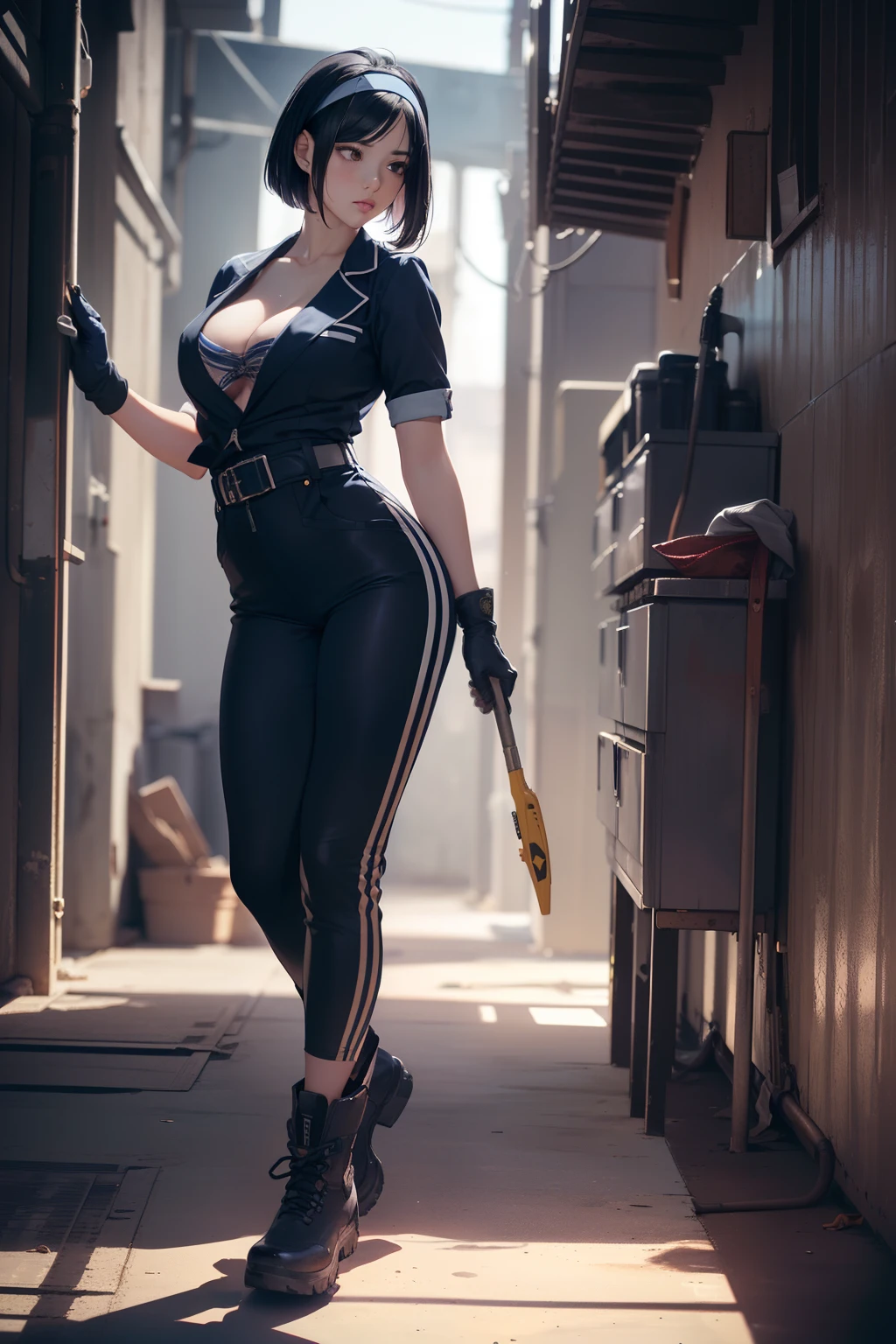 ((masterpiece, best quality, cinematic, photorealistic, ultra-detailed)), ((wide shot, full body view:1.5)), ((perfect anatomy, perfect eyes, perfect hands, large cleavage, round legs, round ass:1.2)), ((female mechanic)), ((a two-piece suit with navy blue pants and a matching jacket, reflective stripes for safety)), ((steel-toed work boots, mechanic gloves, and a tool belt)), ((dark black hair, short bob cut with a stylish bandana headband)), ((sensual pose, twerking)), ((dynamic background)), ((leaning against the wall))