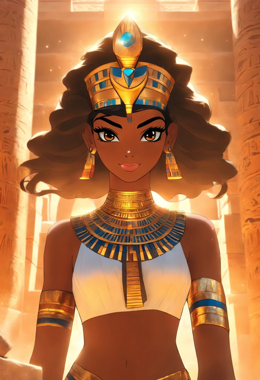 (((Egyptian Goddess))) best quality, very high resolution, 4K detailed CG, masterpiece, Egyptian mythology, Anuchis, black woman, sun in the background, Ancient Egypt, Egyptian temple, orange clothes, Egyptian clothes, desert, Ancient Egypt, Egyptian mythology, ((goddess of water)), Egyptian palace, aesthetics, beautiful image, centered on the screen, standing pose