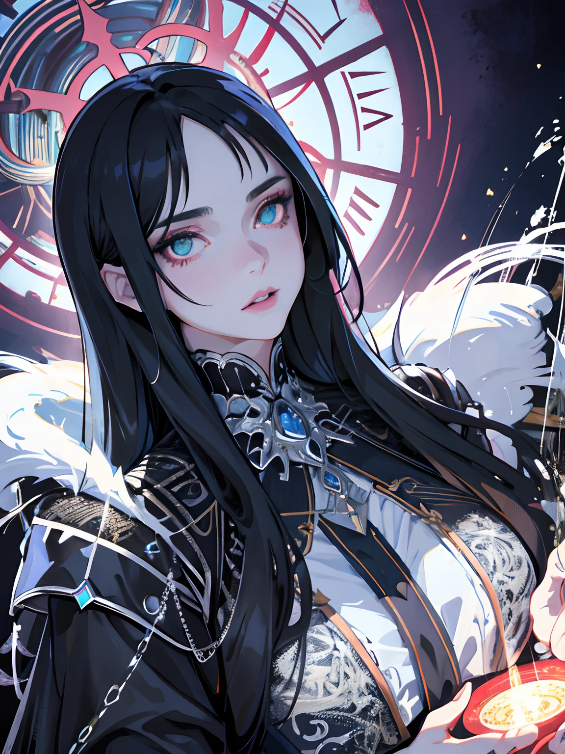 ((masterpiece, best quality)), (1girl), (solo), (female focus), (dark hair, long hair), green eyes, arms behind back, sad eyes, cold facial expression, cold look, gothic dress, pale skin, colour grading, dark illustration, extreme quality, radiant, extremely detailed, ultra-detailed face, ultra hd 8k, ultra digitality, mythical, dark lightning, perfect face, beautiful, (perfect composition: 1. 4), detailed face and body, award-winning photography , fields, detailed face, detailed hands, looking at the viewer, cinematic lighting, embers, fantasy background, water splashes, foggy haze, (necromancer), (villain), faux traditional media, (masterpiece, best quality, ultra-detailed, best shadow), (beautiful detailed face, feminine features), (best illumination), ((cinematic light)), colorful, hyper detail, dramatic light, intricate details, (dark circle under eyes), gothic, decadence, stunning, eerie