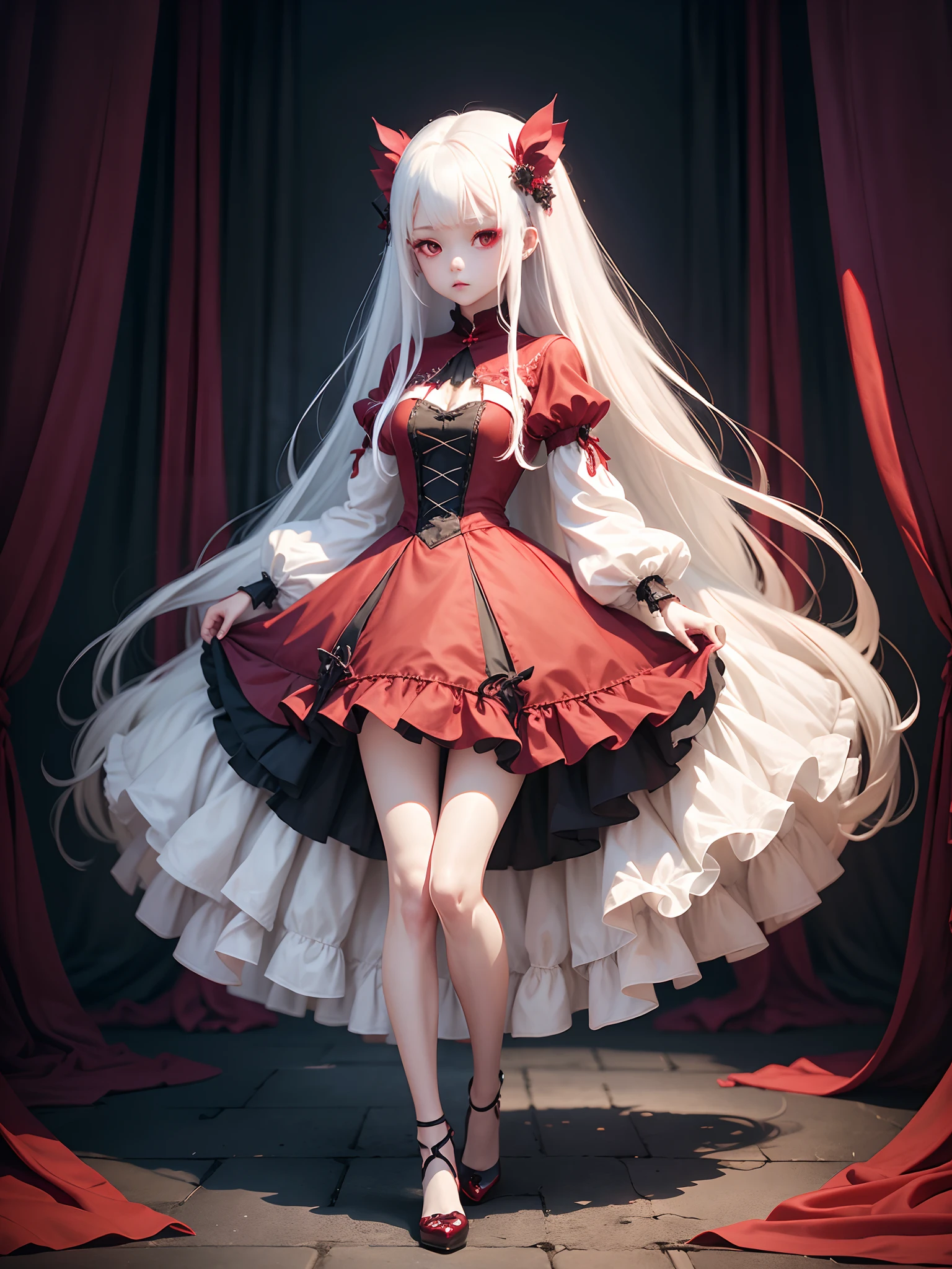 masterpiece, best quality, 1 girl, solo, 10 years old, flat chest, ingridms, hairpods, gloves, skirt, pantyhose, bow, dress, full body,