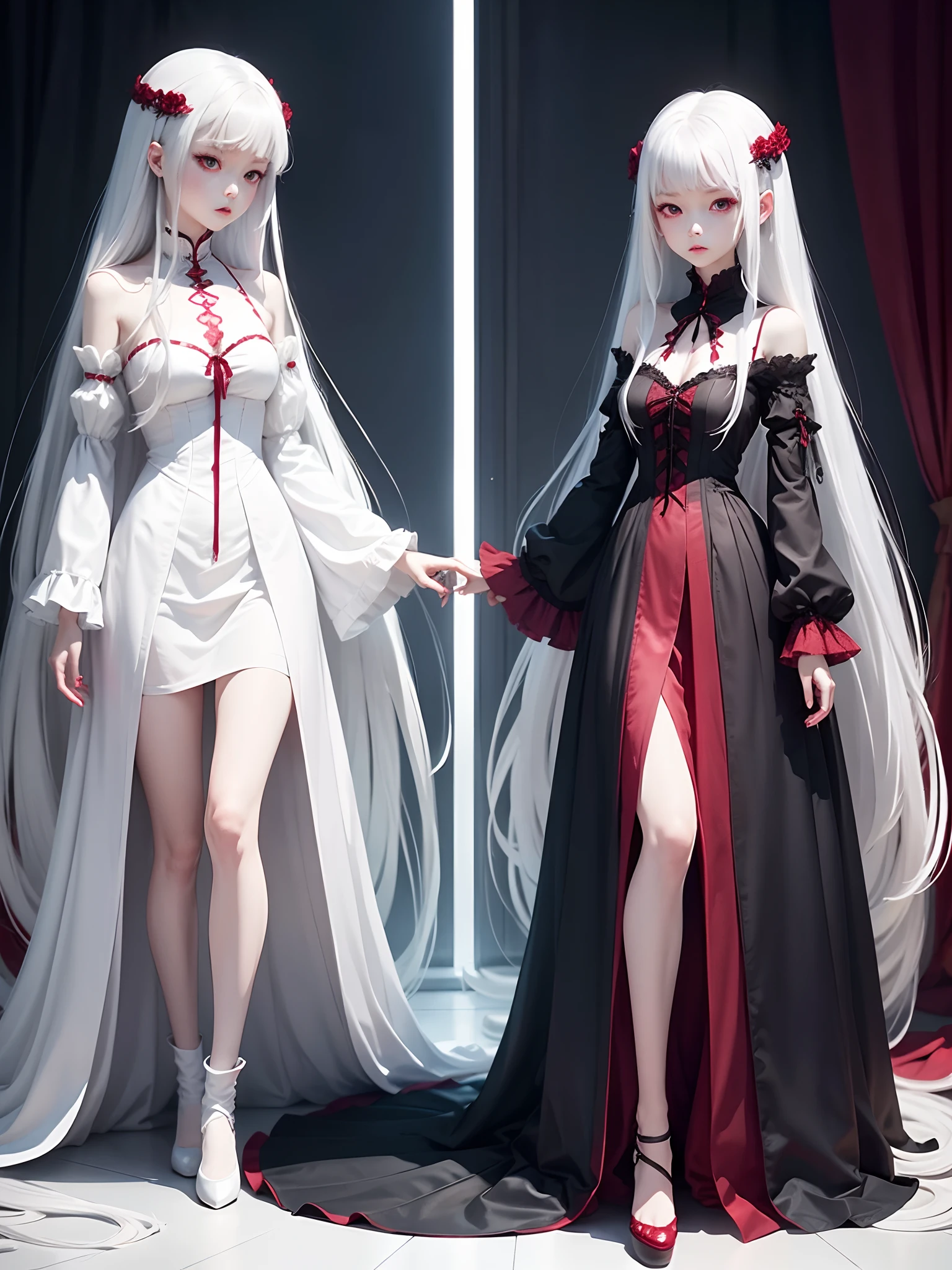 Full body、Red Gothic Dress、Long、white  hair、Only two arms、Only two legs、girl with、1人、Only 5 fingers、Red eyes --auto