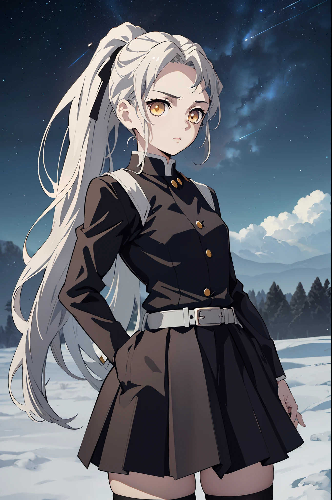 1girl, solo, light gray hair, ponytail, medium hair, forehead, messy hair, big hair, golden eyes, bags under eyes, eyes highlights, serious, neutral, small breasts, small chest, petite, black clothes, ((demon slayer uniform)), black button shirt, black skirt, (short skirt), pantyhose, (hands on hips), straight-up shot, ((close-up)), upper body, looking at viewer, standing, starry sky, night, scenery, outdoors, field, nature, beautiful, ultra quality, constellations, masterpiece, best quality, 8k,