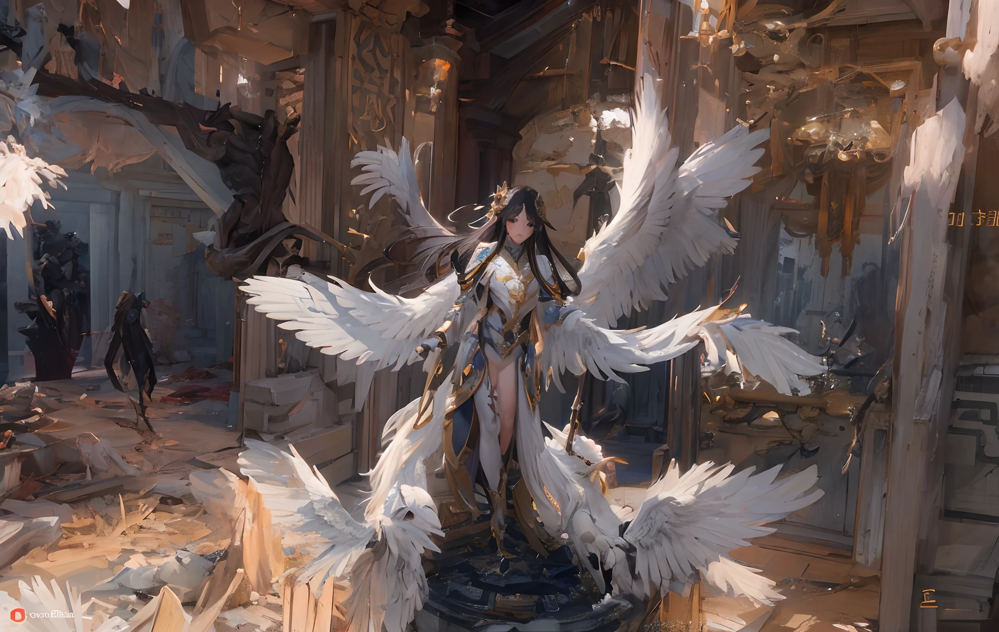 In the room there is a statue of a woman with wings, by Yang J, chengwei pan on artstation, angel knight girl, cgsociety and fenghua zhong, angel in plastic armor, 2. 5 D CGI anime fantasy artwork, author：Zhou Chen, ross tran and wlop, author：Jeremy Chang, intricate wlop, beautiful cyborg angel girl