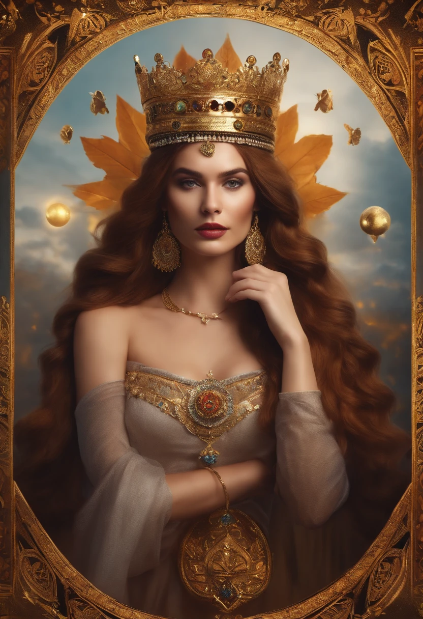 young woman, queen, seer, with a queen's crown on her head, looks penetratingly into the lens, high resolution, rich details, 4K, shuffling tarot card, American shot