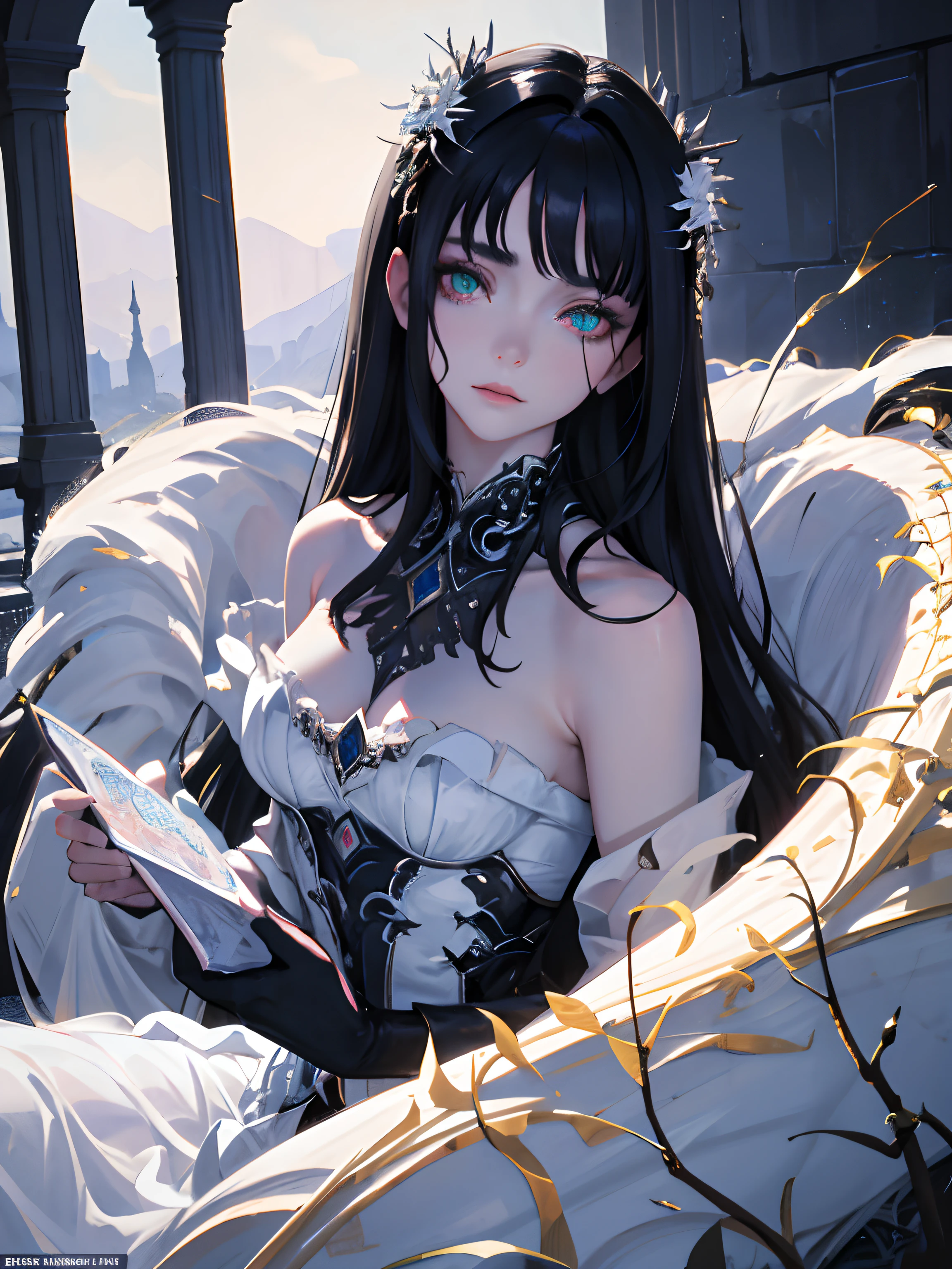 ((masterpiece, best quality)), (1girl), (solo), (female focus), (dark hair, long hair), green eyes, arms behind back, sad eyes, cold facial expression, cold look, gothic dress, pale skin, colour grading, dark illustration, extreme quality, radiant, extremely detailed, ultra-detailed face, ultra hd 8k, ultra digitality, mythical, dark lightning, perfect face, beautiful, (perfect composition: 1. 4), detailed face and body, award-winning photography , fields, detailed face, detailed hands, looking at the viewer, cinematic lighting, embers, fantasy background, water splashes, foggy haze, (necromancer), (villain), faux traditional media, (masterpiece, best quality, ultra-detailed, best shadow), (beautiful detailed face, feminine features), (best illumination), ((cinematic light)), colorful, hyper detail, dramatic light, intricate details, (dark circle under eyes), gothic, decadence, stunning, eerie
