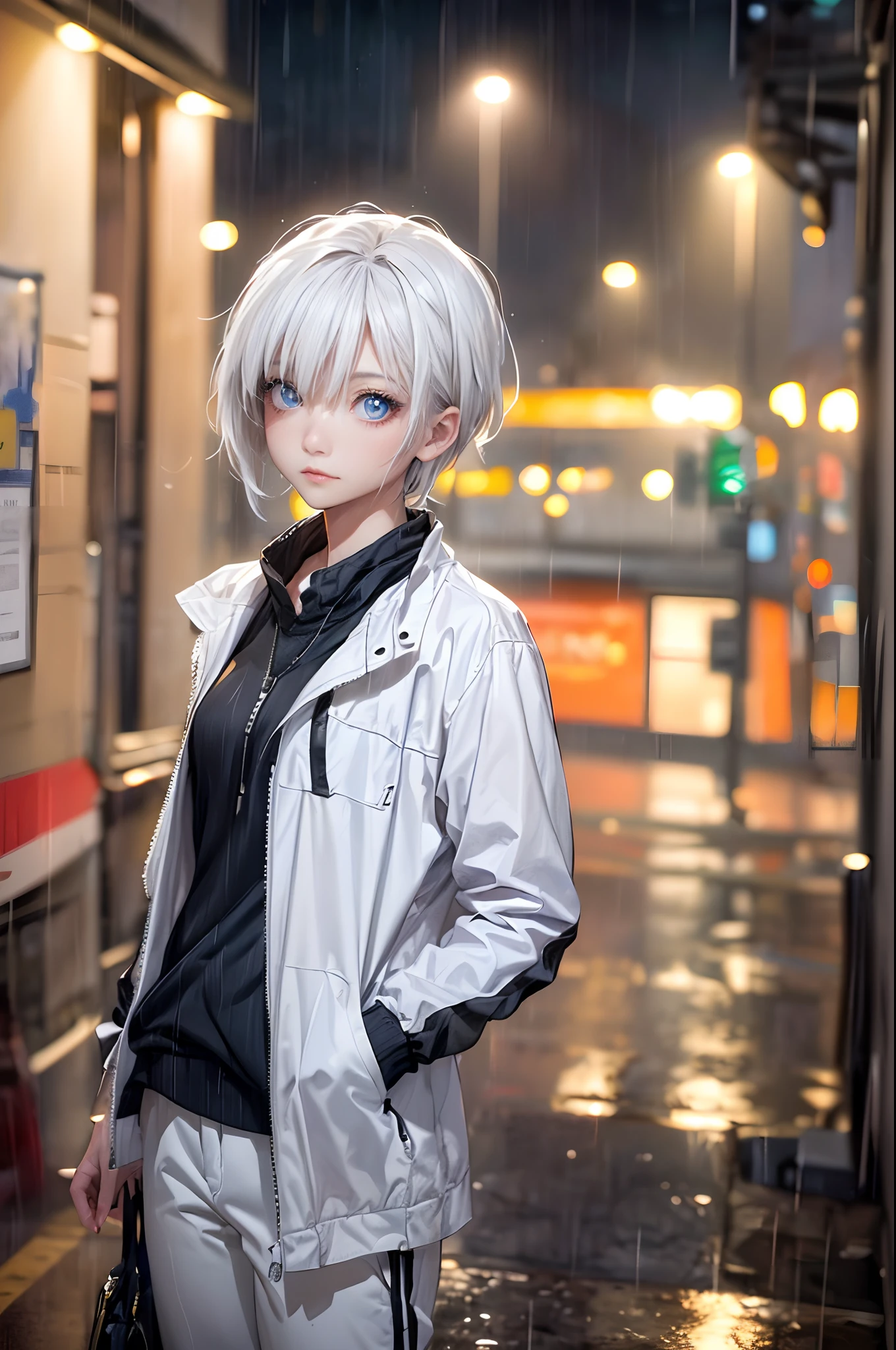 ((4K works))、​masterpiece、(top-quality)、1 beutiful girl、Slim body、tall、((Black Y-shirt and white pants、Charming street style))、Please wear one jacket、(Detailed beautiful eyes)、Morning City、((Rainy city))、Fashionable city with morning rain、((Face similar to Carly Rae Jepsen))、((Short-haired white hair))、((Smaller face))、((Neutral face))、((Bright blue eyes))、((American adult women))、((Adult female 26 years old))、((cool lady))、((Like a celebrity))、((Lonely look))、((Korean Makeup))、((elongated and sharp eyes))、((Happy dating))、((boyish))、((Upper body photography))、Professional Photos、((Shot alone))、((She's under the roof))、((Looking up at the sky))、((photographed from the back))、((She is facing upwards))、((Her eyes are looking upwards))、((Raise the angle of the face up))