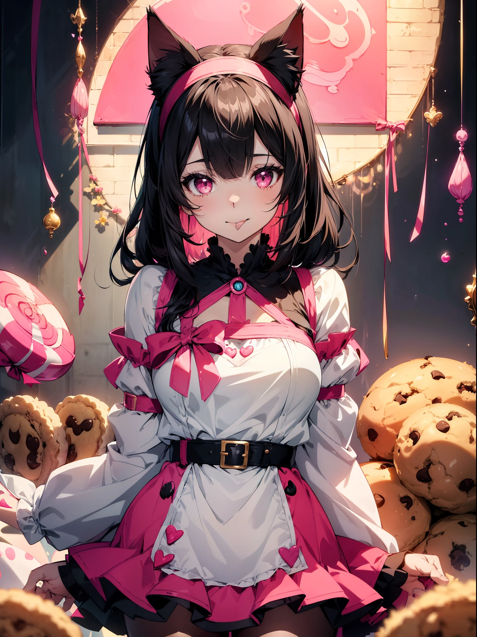 1 girl, character focus, close to viewer, (upper body), (holding a big lollipop) , ((tongue)), cat ears hairband ,black hair, pale pink eyes,smile,(floating many candys and cookies)  ,high resolution,(incredibly absurdres),anime visual,extremely detailed CG unity 8k wallpaper, ((masterpiece)), ((top-quality)), (beautiful illustration), ((an extremely delicate and beautiful))