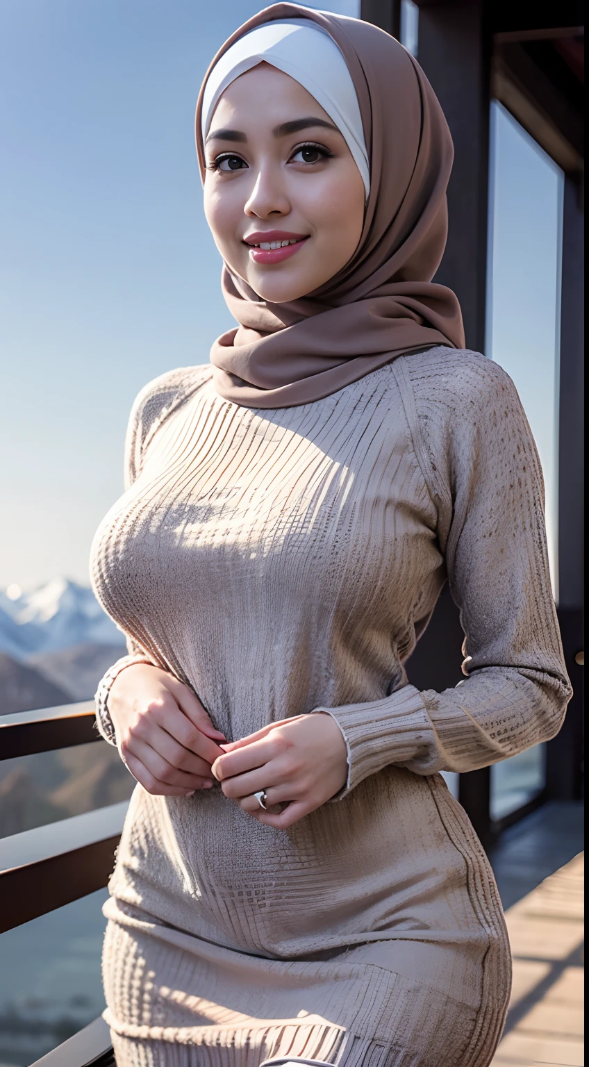RAW, Best quality, high resolution, Masterpiece: 1.3), Beautiful Malay woman in hijab, Masterpiece, Perfect slim body, ((Big breasts)), Beautiful big eyes, watery eyes, Soft smile, wet lips, ((wearing  sweater dress:1.1)),smiling, windy, skin details, skin texture details, thick thighs, sexy body, morning time, smiling, happy, bright sunlight, snow mountain, blurred background, bokeh