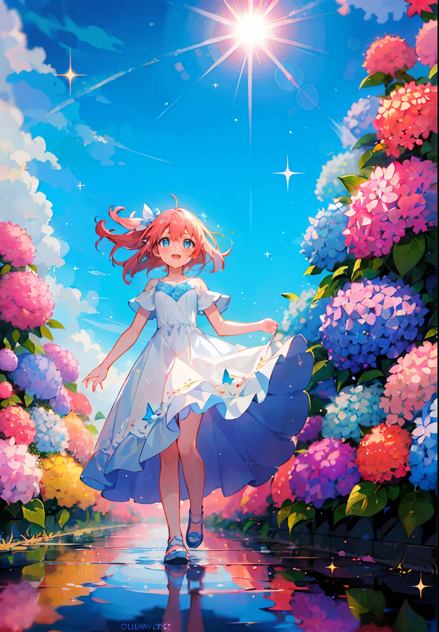 (solo), cute little (1girl) walking, long orange-pink hair and blue eyes, path,[from below:1.2],puddle,Water Reflection,rain,floating water drop,hydrangea,(blurry foreground),dynamic angle,asphalt,(blue sky),lens flare,white dress,(glitter:1.2)