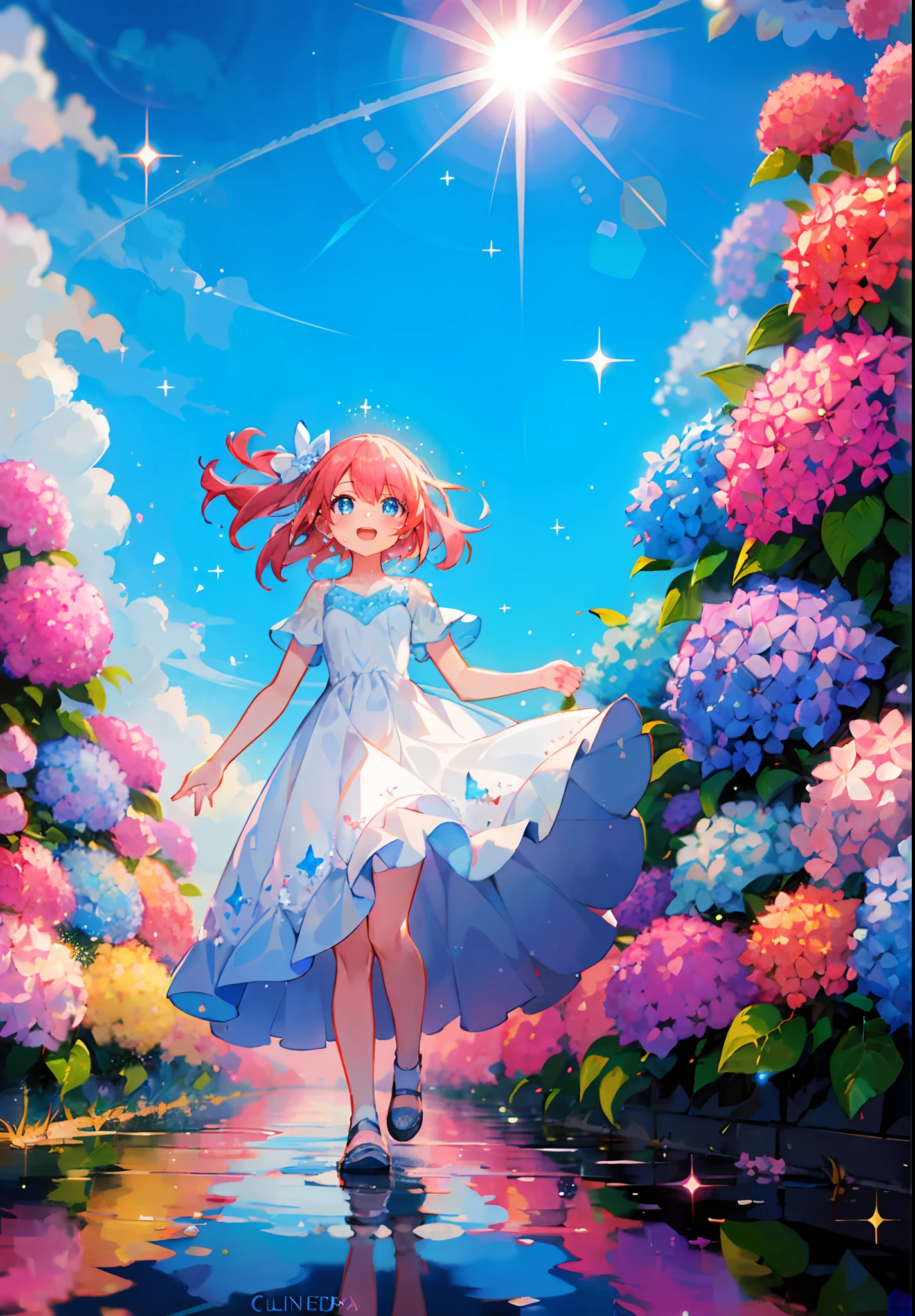 (solo), cute little (1girl) walking, long orange-pink hair and blue eyes, path,[from below:1.2],puddle,Water Reflection,rain,floating water drop,hydrangea,(blurry foreground),dynamic angle,asphalt,(blue sky),lens flare,white dress,(glitter:1.2)