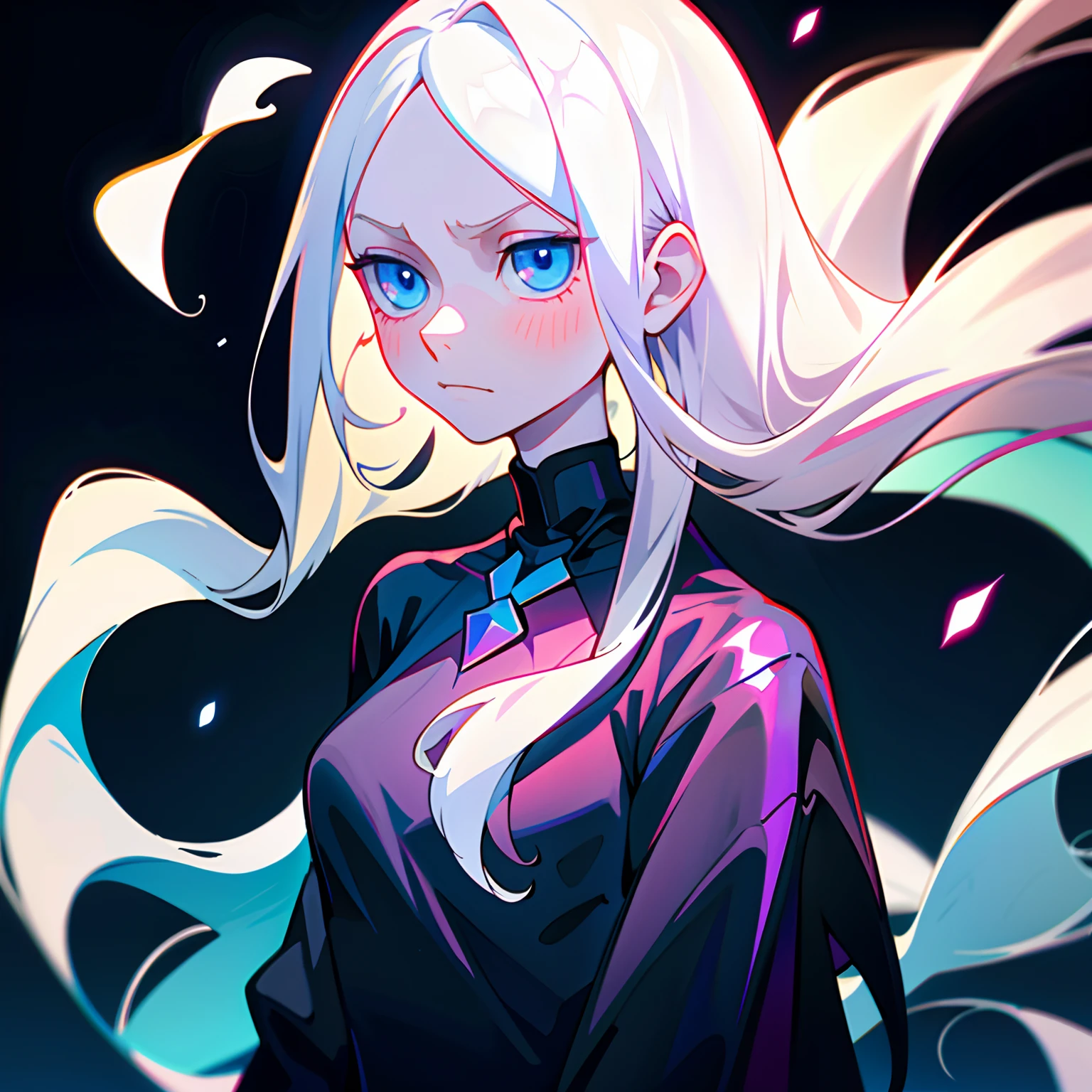 1 girl, ((solo)), a girl with long white hair, long hair, pale skin, slim body, black long neck sweater, emotionless face, cold background, Palatinate Blue eyes, shiny eyes