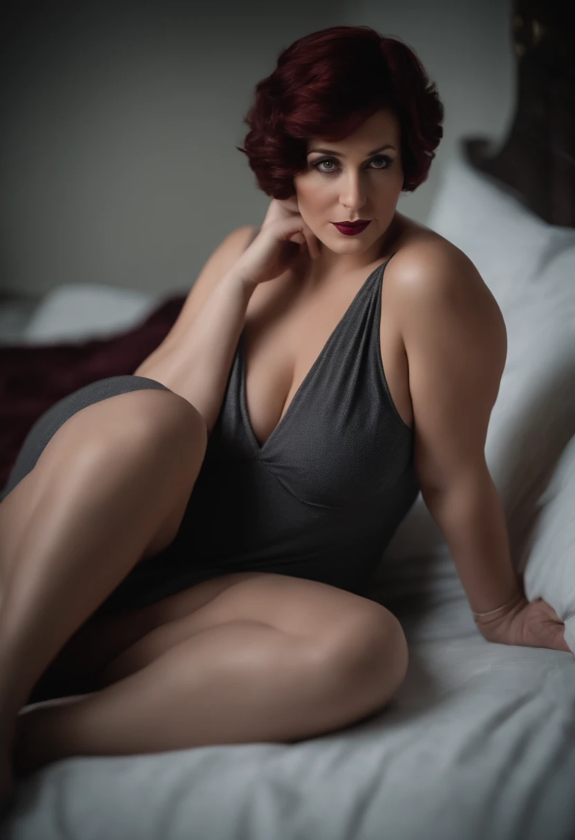dark red short hair, dark gray nightgown, ring, necklace, gray pantyhose, staring at viewer, laying on bed, mature woman, stroking an erection covered under underwear, realistic, huge tits,, big thighs, chubby