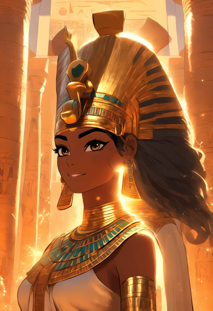 (((Egyptian Goddess))) best quality, very high resolution, 4K detailed CG, masterpiece, Egyptian mythology, Anuchis, black woman, sun in the background, Ancient Egypt, Egyptian temple, orange clothes, Egyptian clothes, desert, Ancient Egypt, Egyptian mythology, ((goddess of water)), Egyptian palace, aesthetics, beautiful image, centered on the screen, standing pose