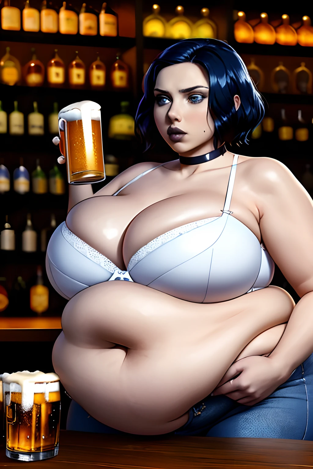Scarlett Johansson, two girls, duo, two people, short hair, blue hair, huge breasts, big boings, big titty goth girl, big breasts, big boobs, big tits, mega tits, huge boobs, breast expansion, massive breasts, heaving breasts, breasts spilling out, breasts spilling over bra, leaking breasts, leaking milk, spraying milk, lactation, cleavage, black lipstick, goth, goth girl, no bra, no shirt, topless,  breasts, ripped blue jeans, choker necklace, choker, obese, fat, bbw, ssbbw, belly, big belly, at bar, drinking beer, beers,